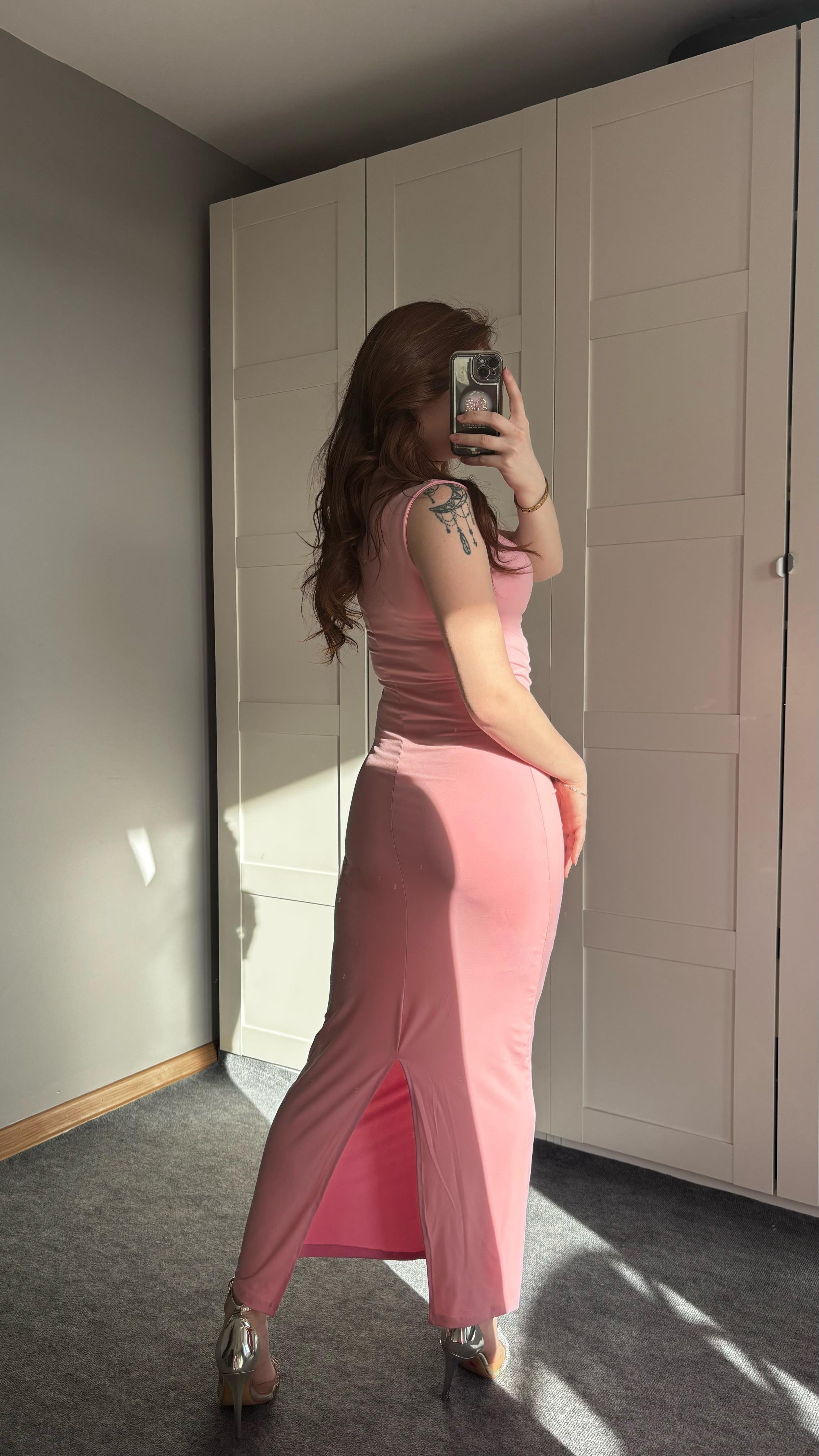 Drapeli Sıfır Kol Pembe Elbise