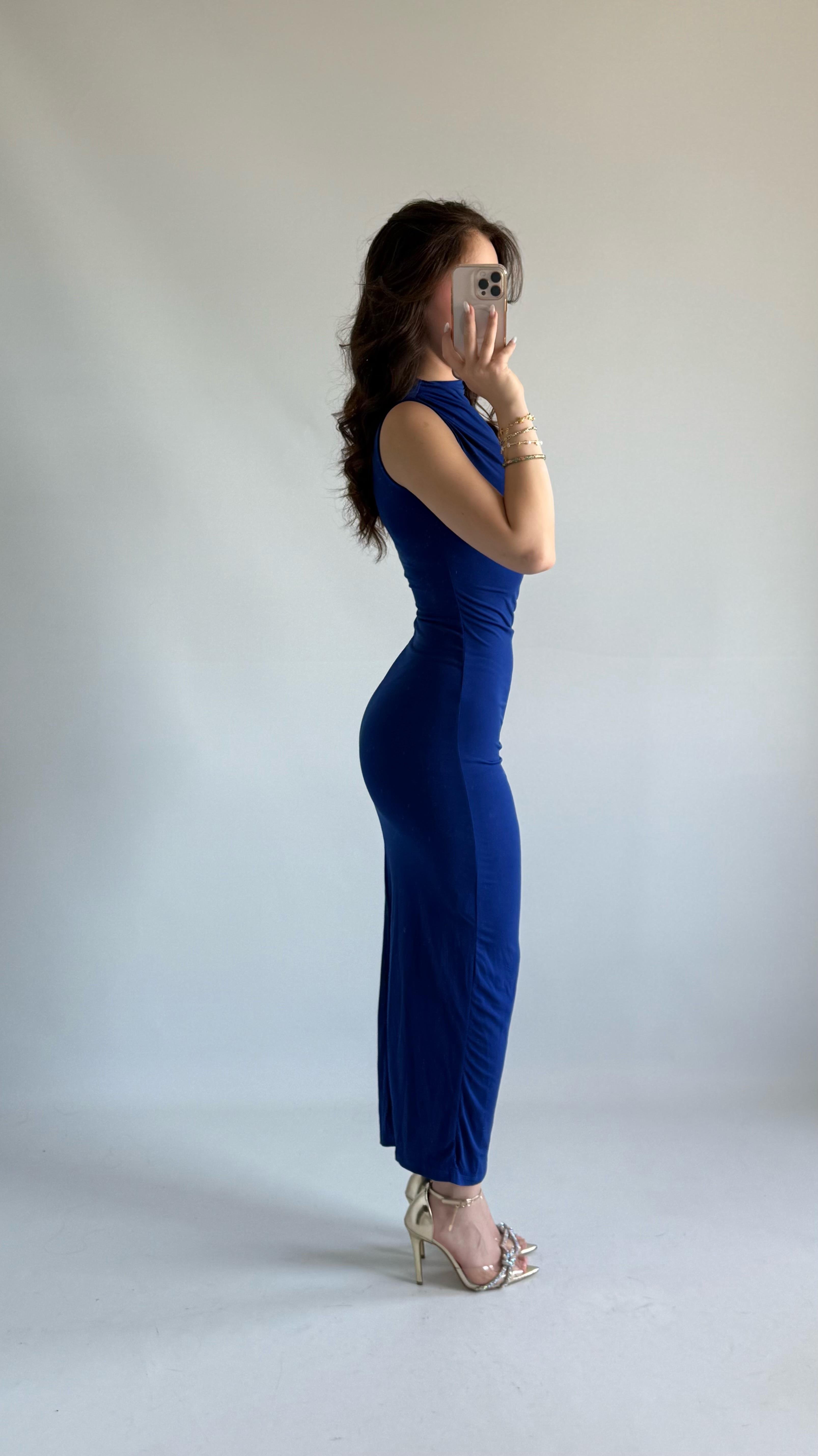 Drapeli Sıfır Kol Saks Elbise