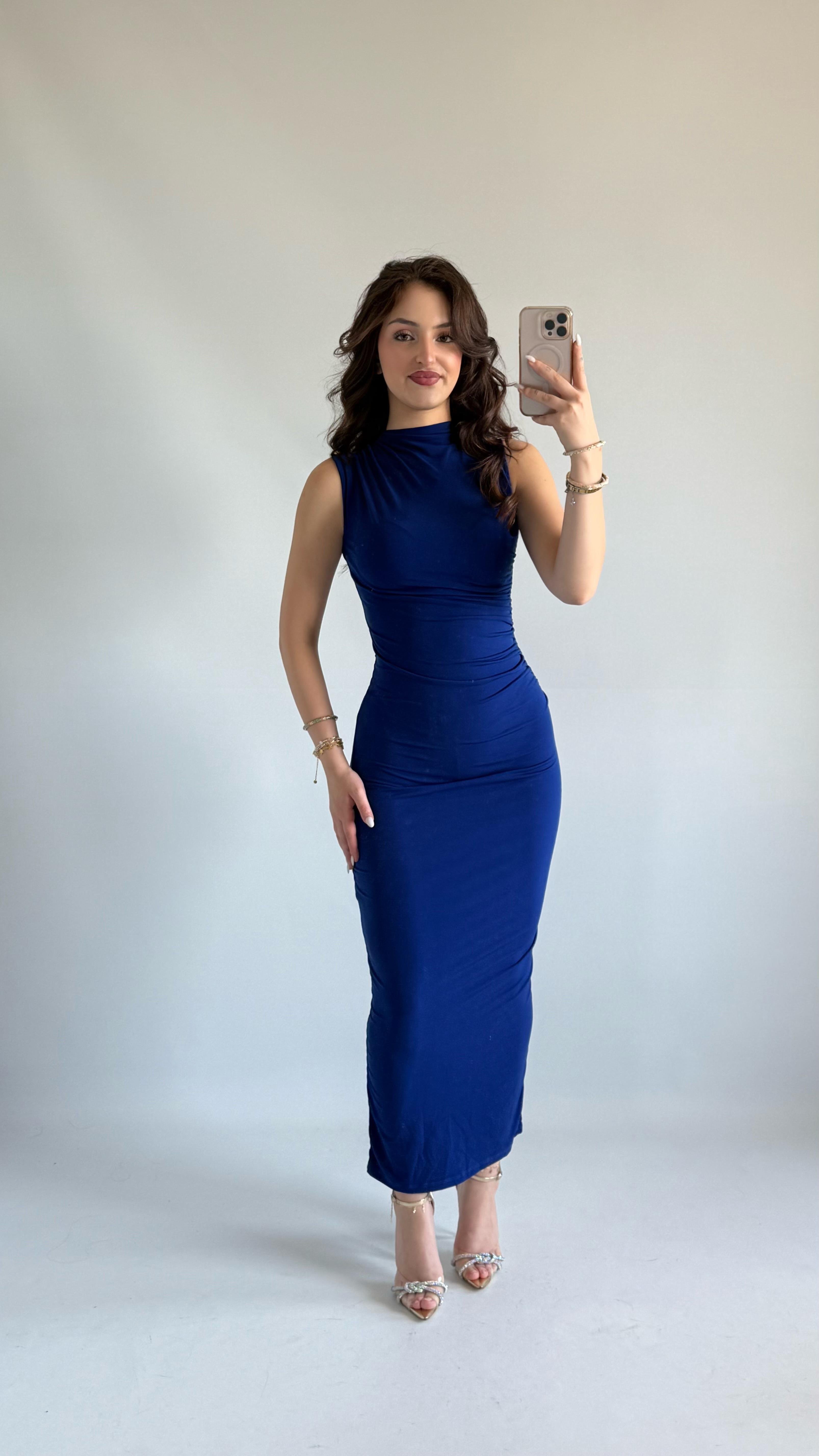 Drapeli Sıfır Kol Saks Elbise