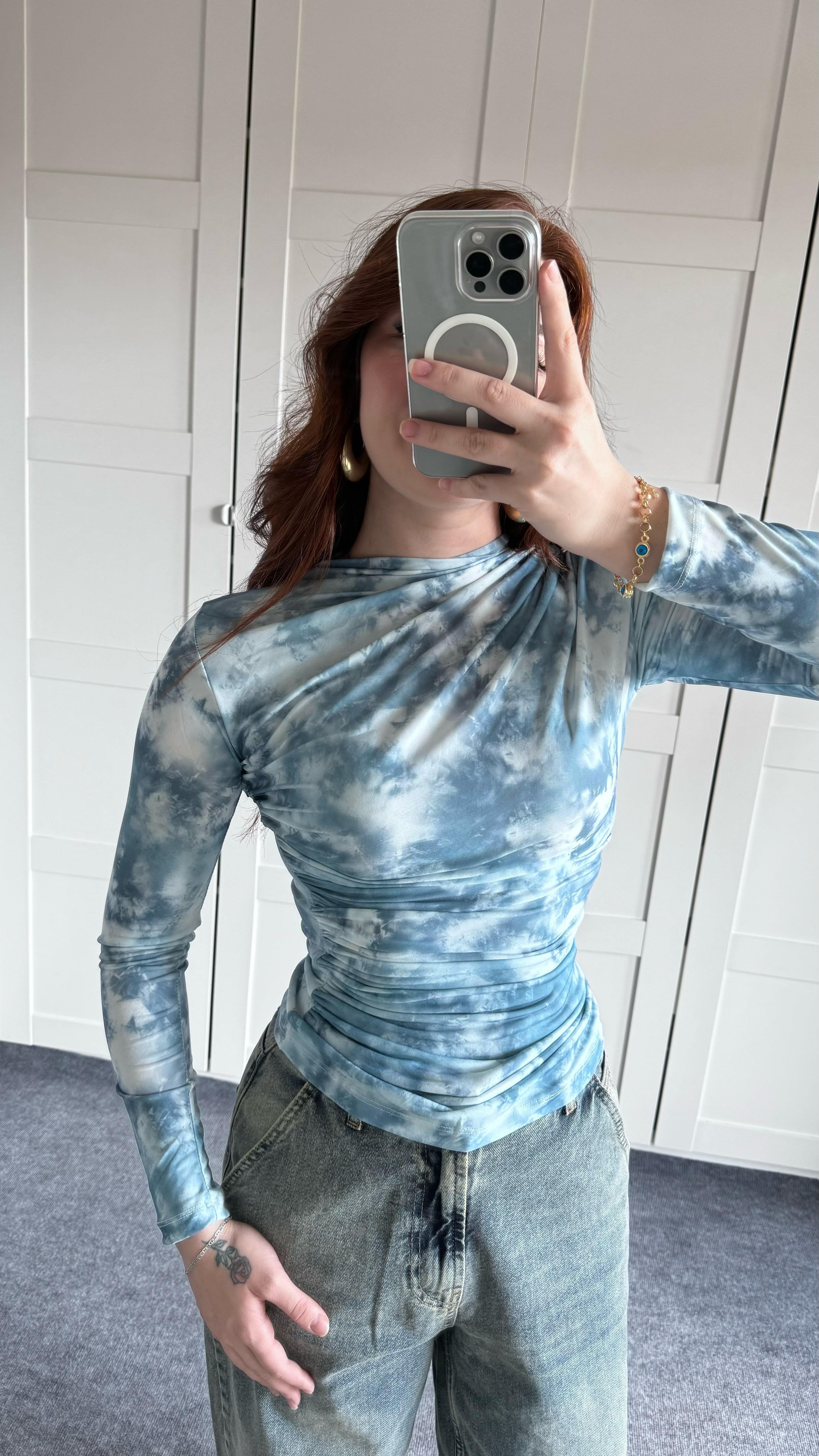 Drapeli Uzun Kol Bluz Batik Mavi