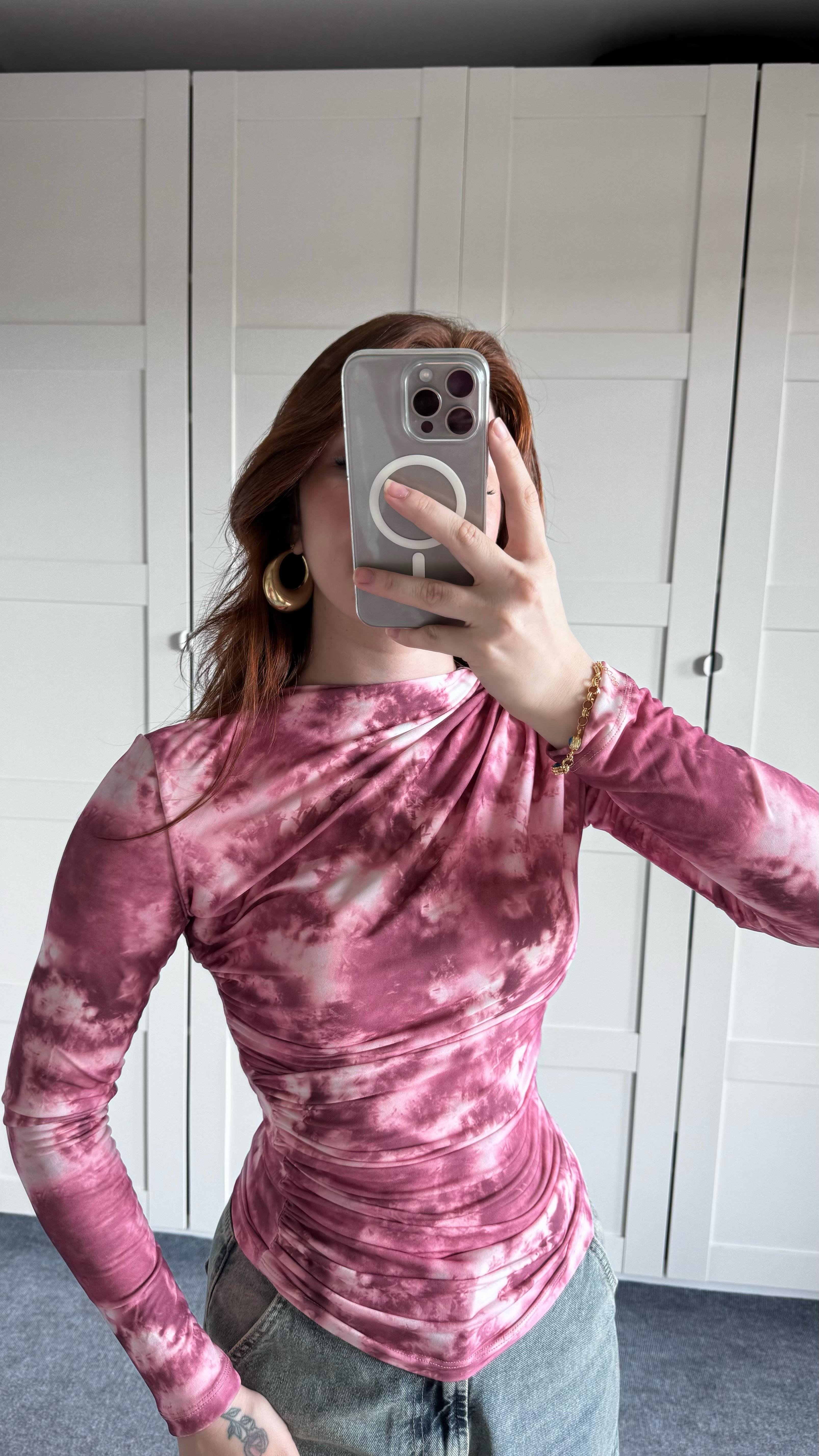 Drapeli Uzun Kol Bluz Batik Pembe