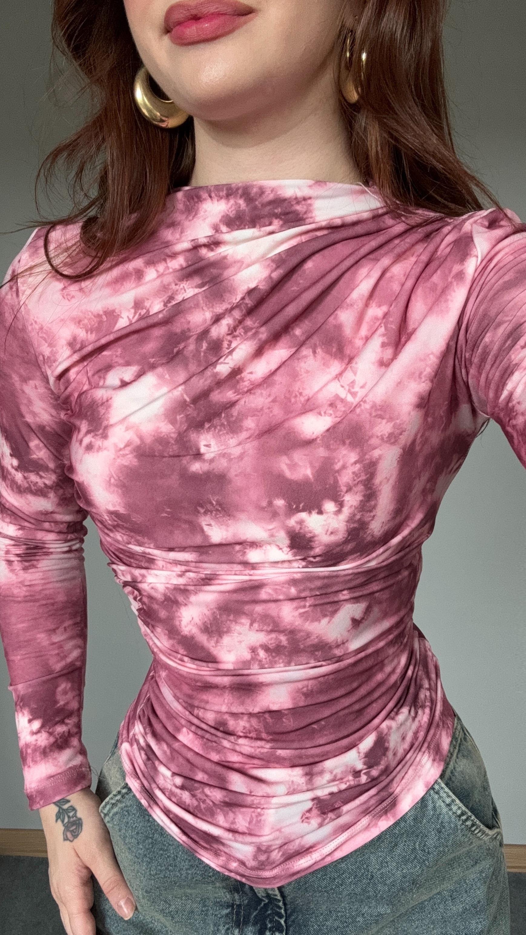 Drapeli Uzun Kol Bluz Batik Pembe