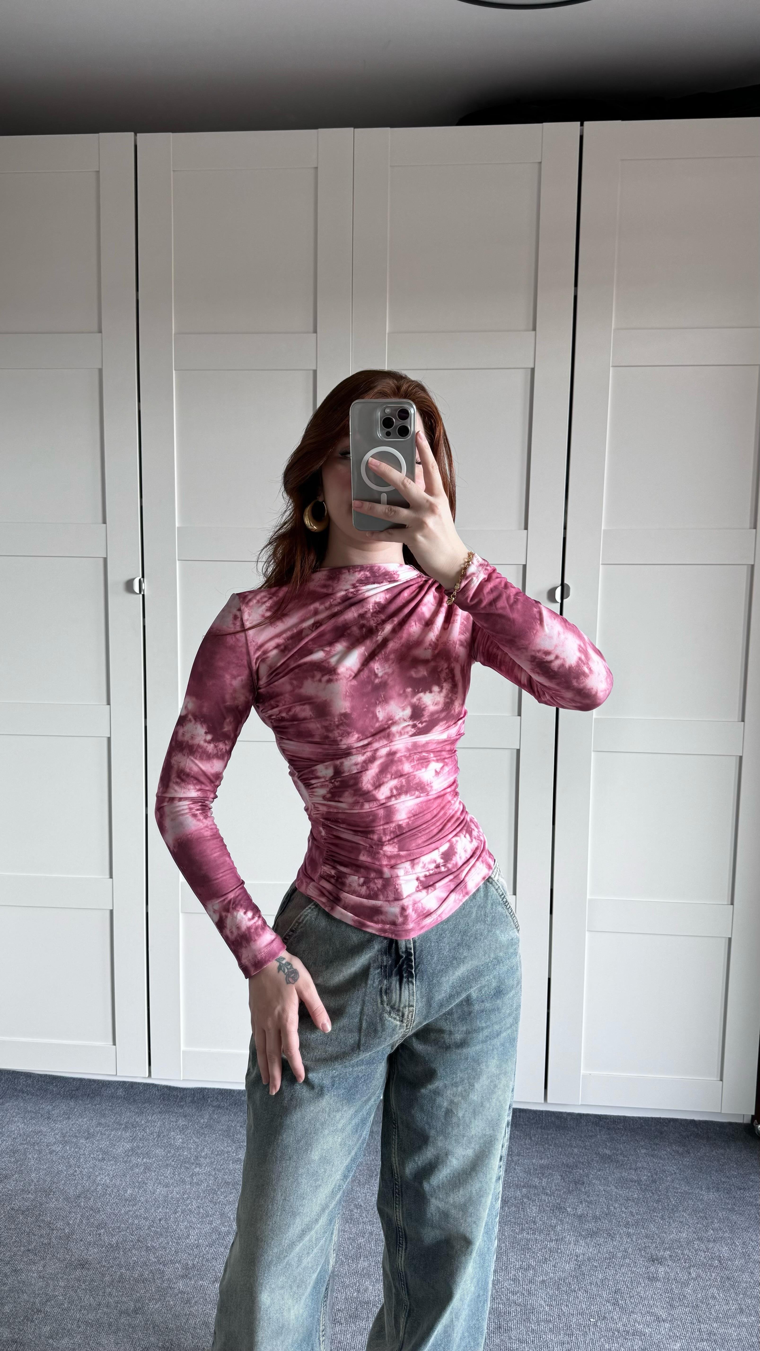 Drapeli Uzun Kol Bluz Batik Pembe
