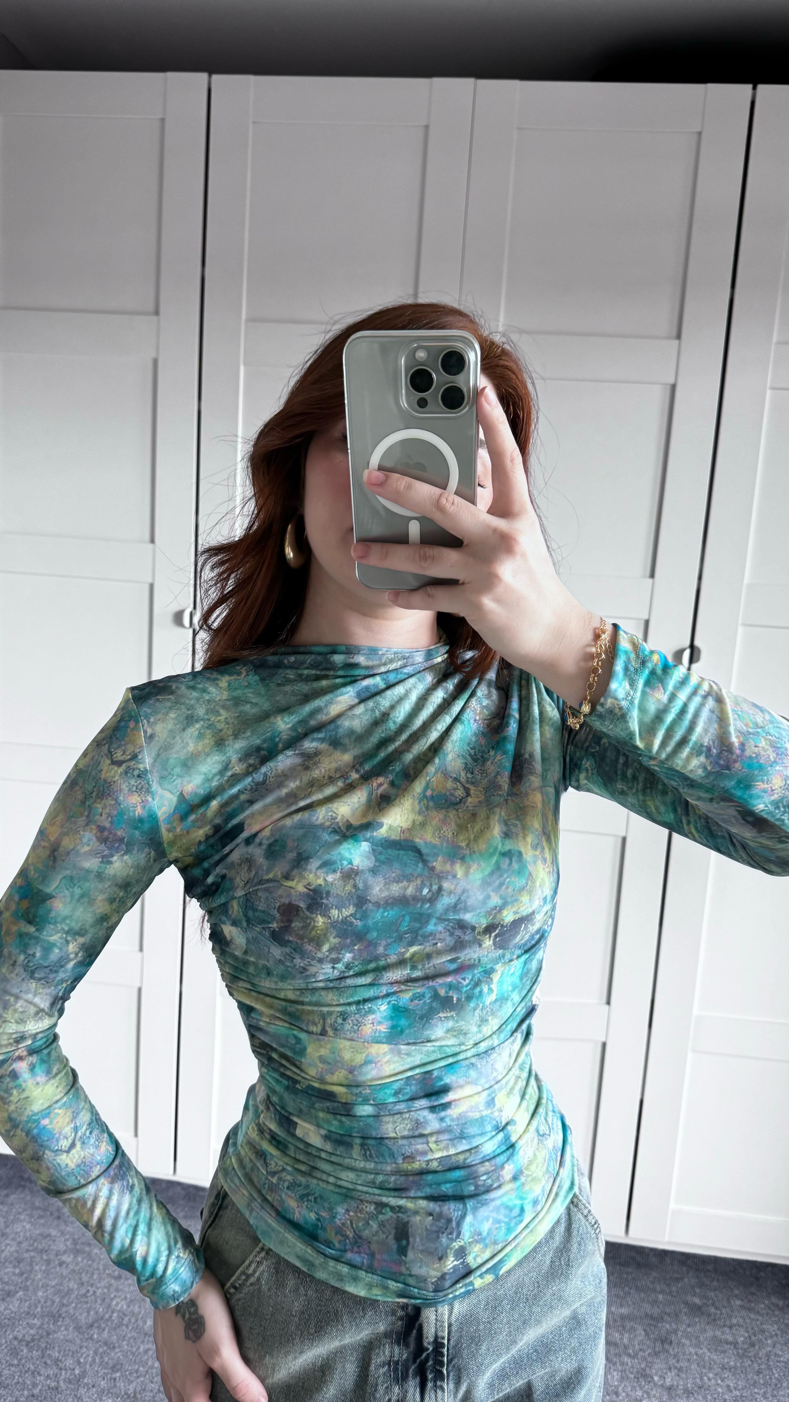Drapeli Uzun Kol Bluz Batik Yeşil