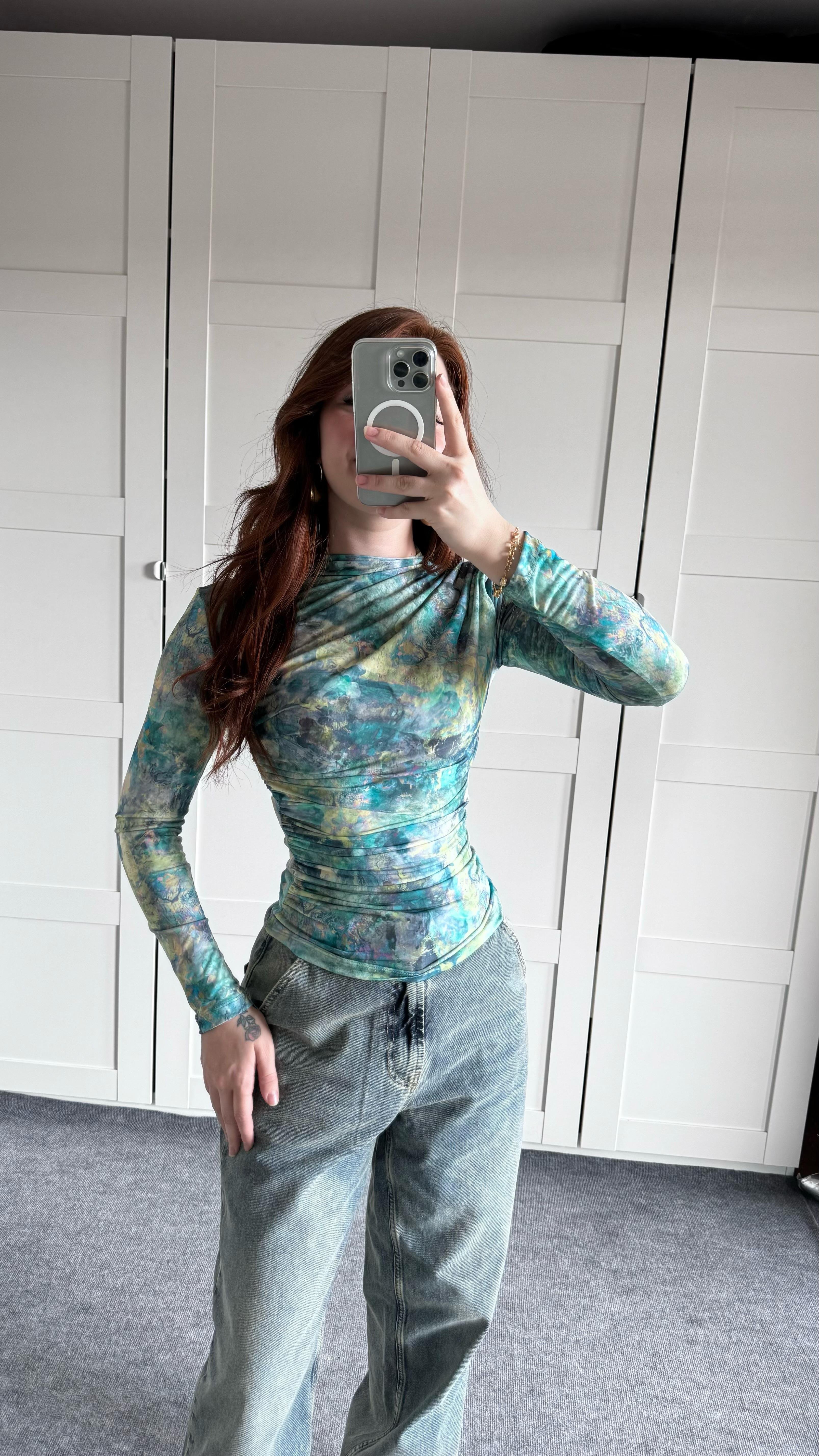 Drapeli Uzun Kol Bluz Batik Yeşil