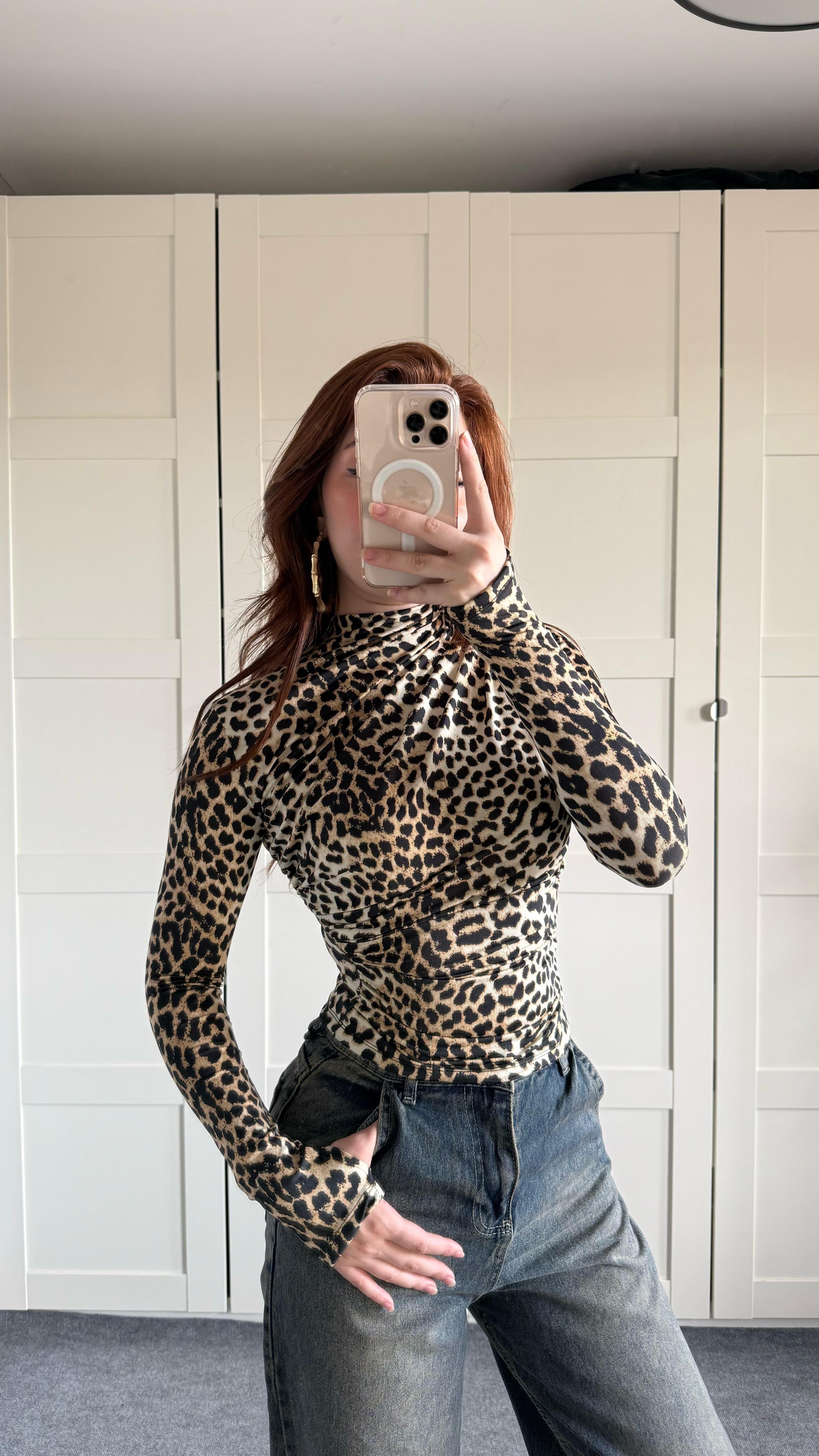 Drapeli Uzun Kol El Detaylı Bluz Leopar