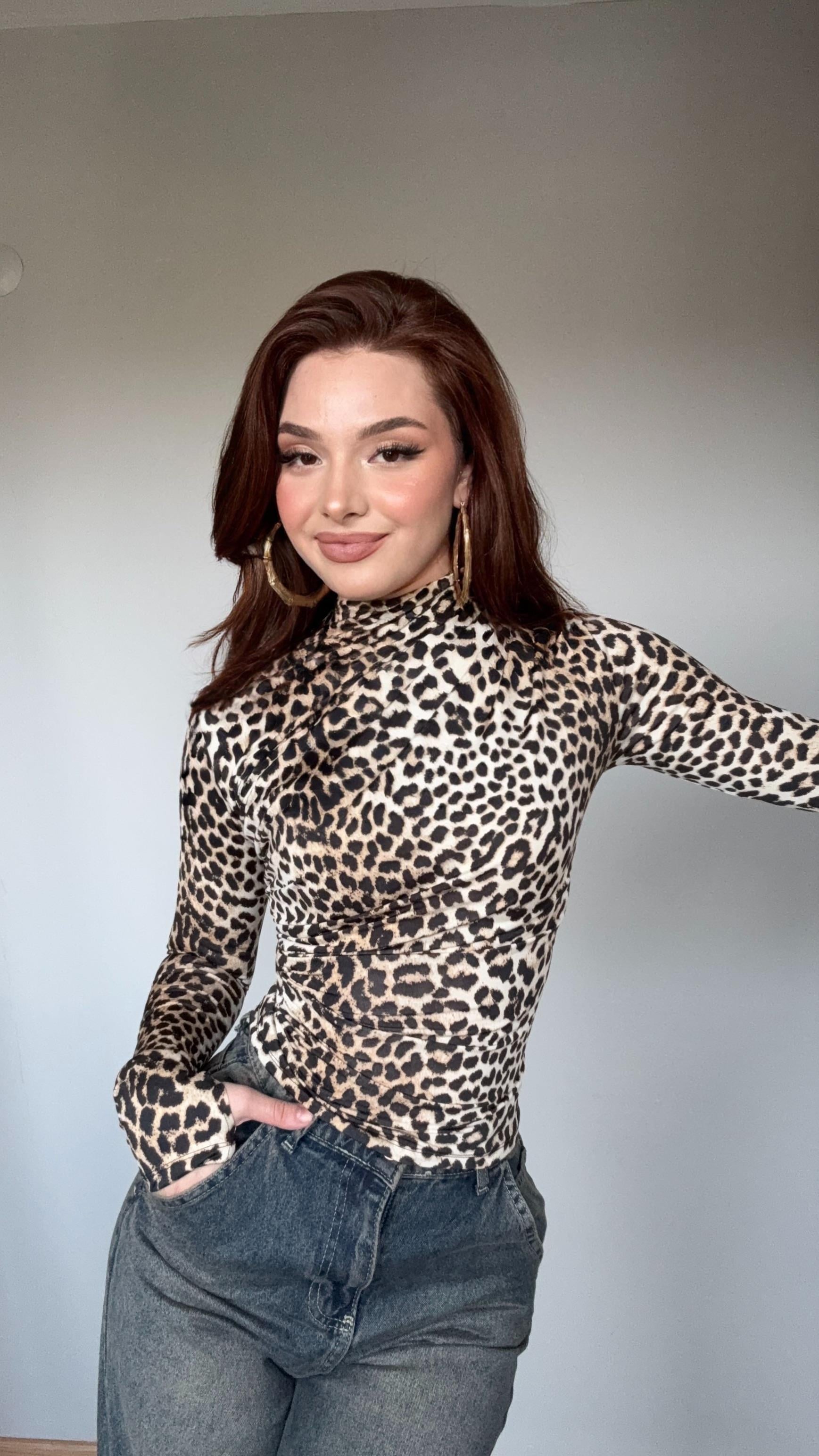 Drapeli Uzun Kol El Detaylı Bluz Leopar