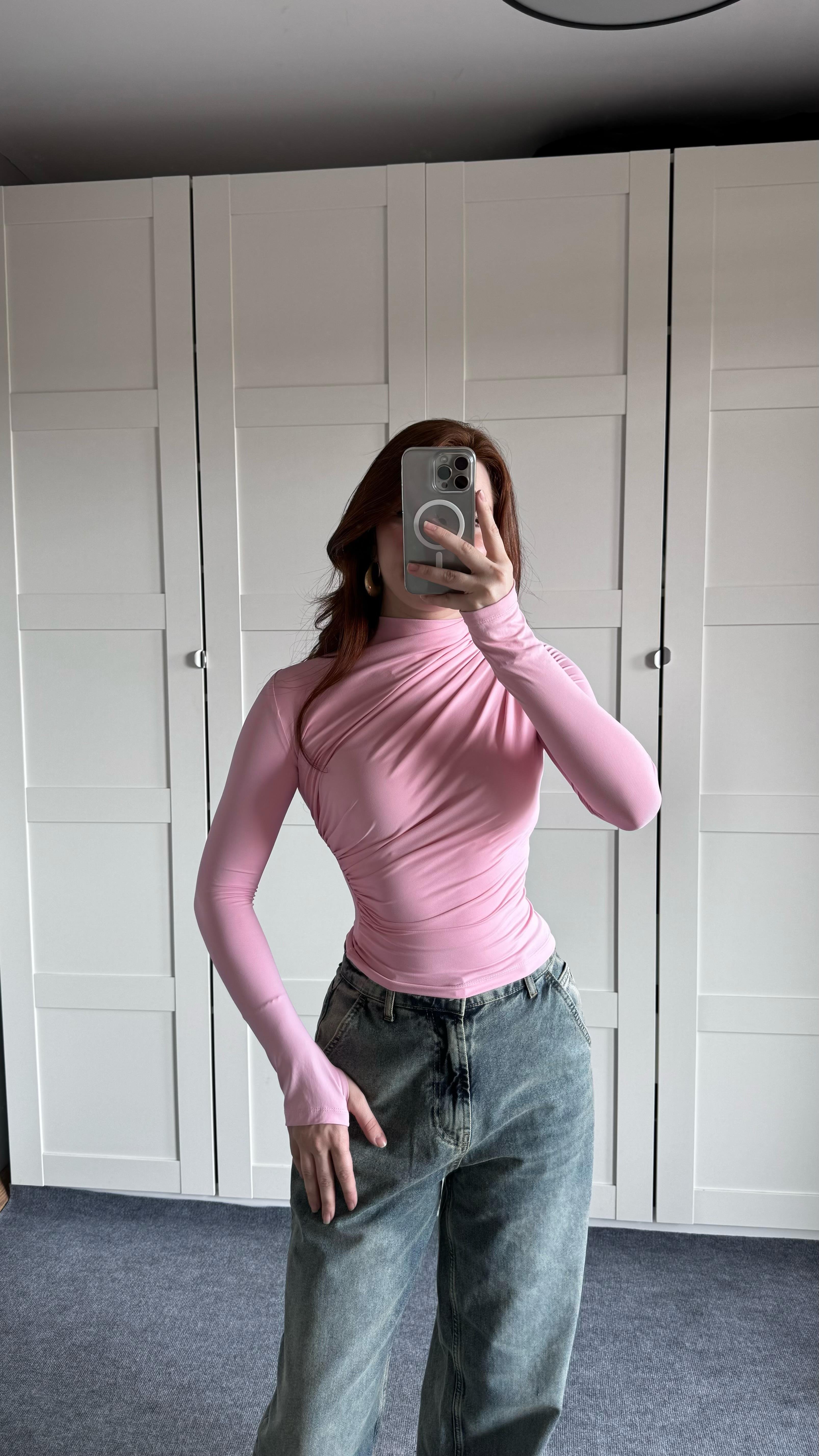 Drapeli Uzun Kol El Detaylı Bluz Pembe