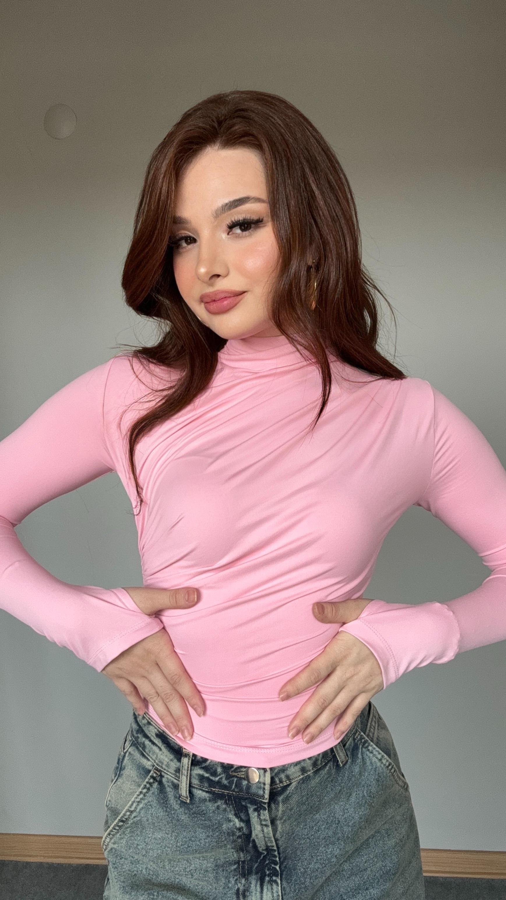 Drapeli Uzun Kol El Detaylı Bluz Pembe