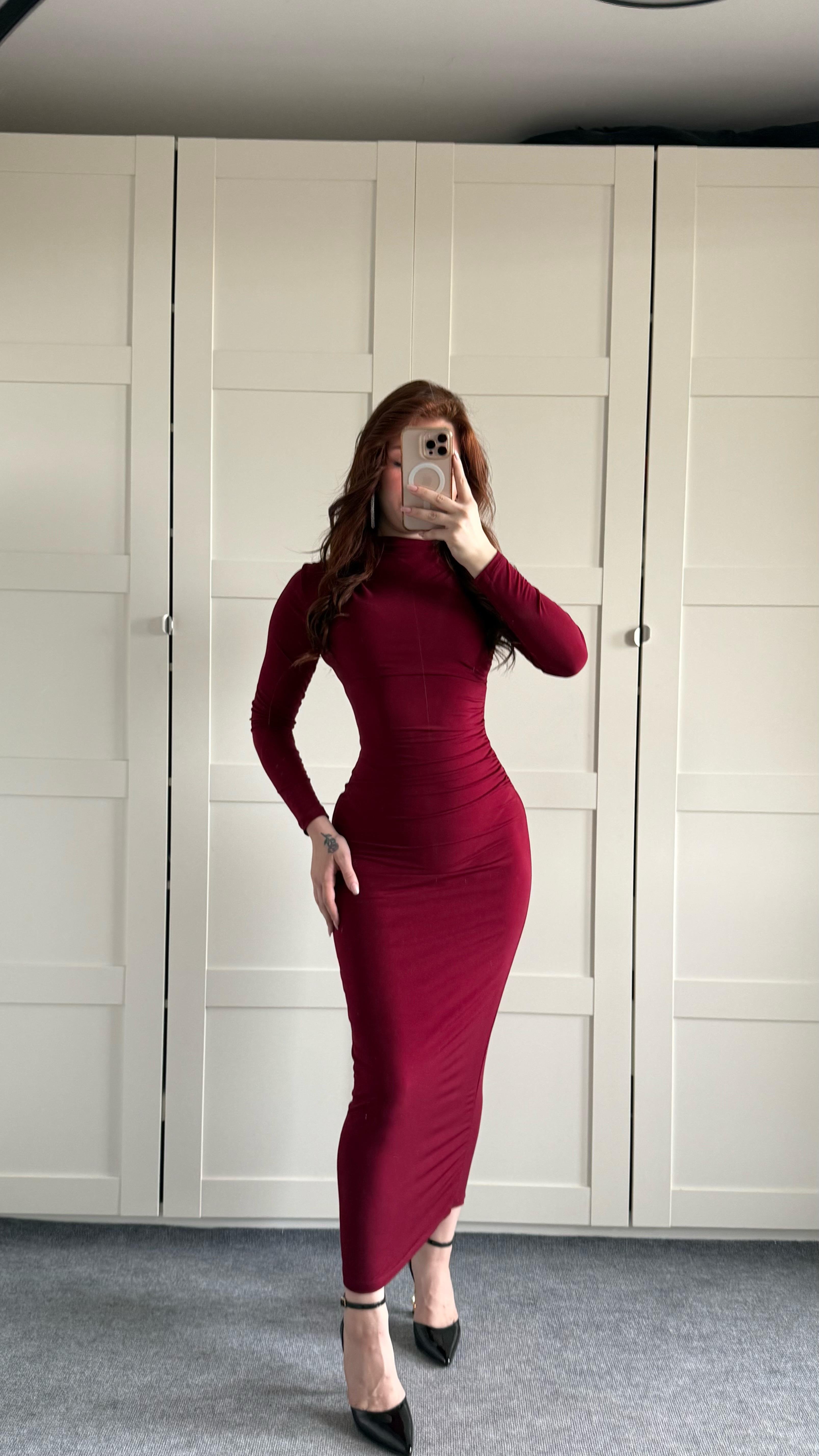 Drapeli Uzun Kol Maxi Elbise Bordo