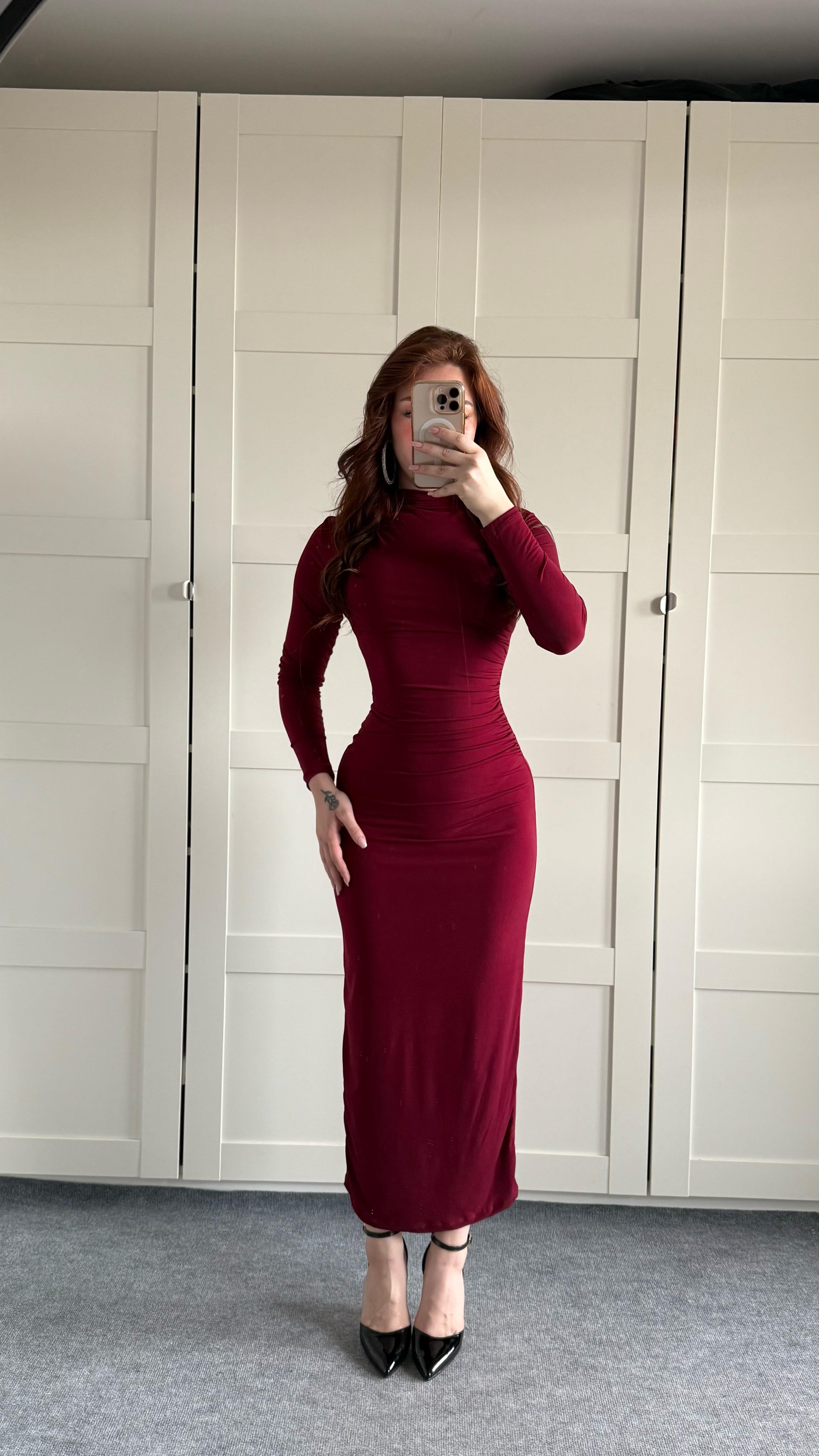 Drapeli Uzun Kol Maxi Elbise Bordo