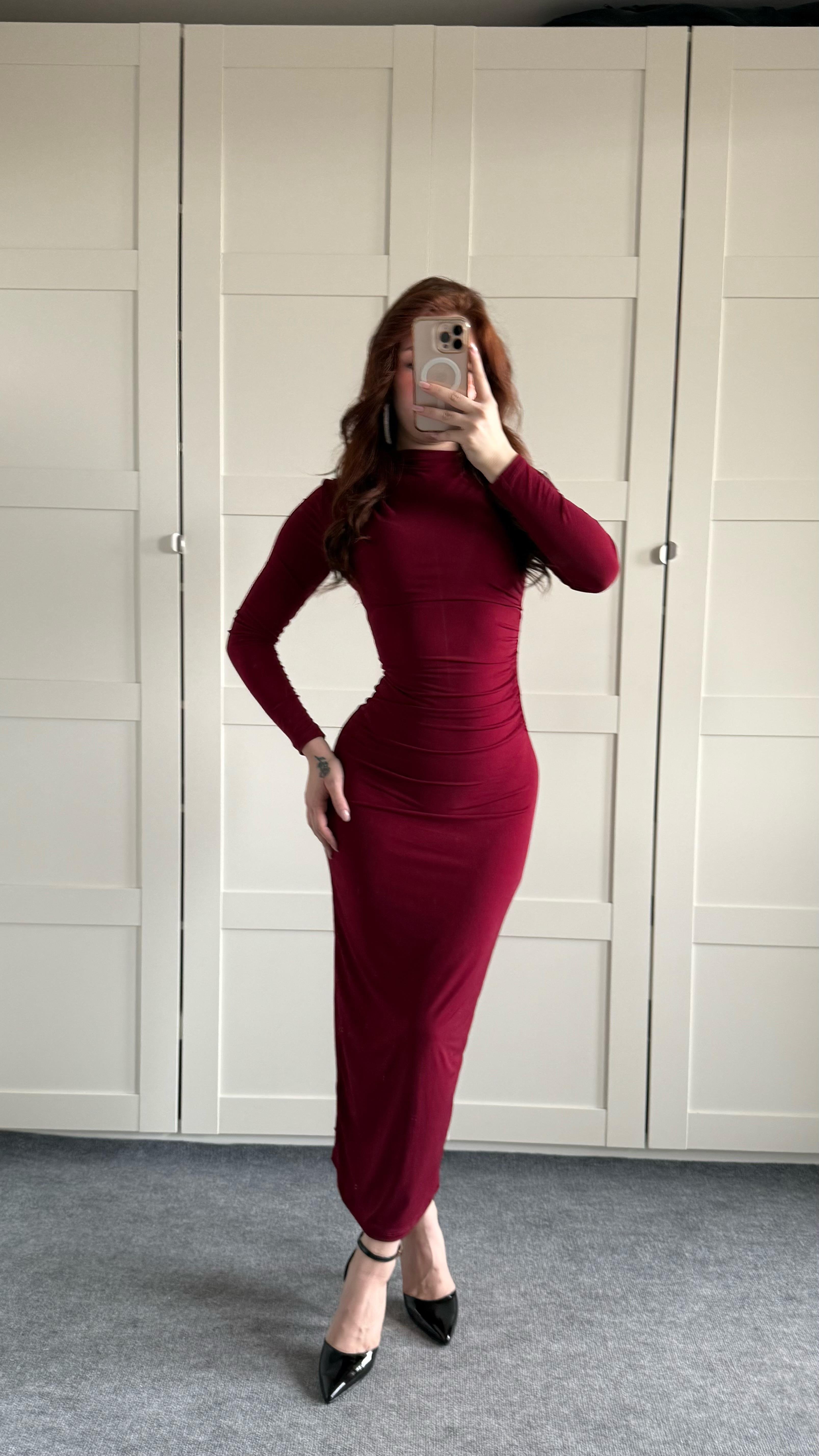 Drapeli Uzun Kol Maxi Elbise Bordo