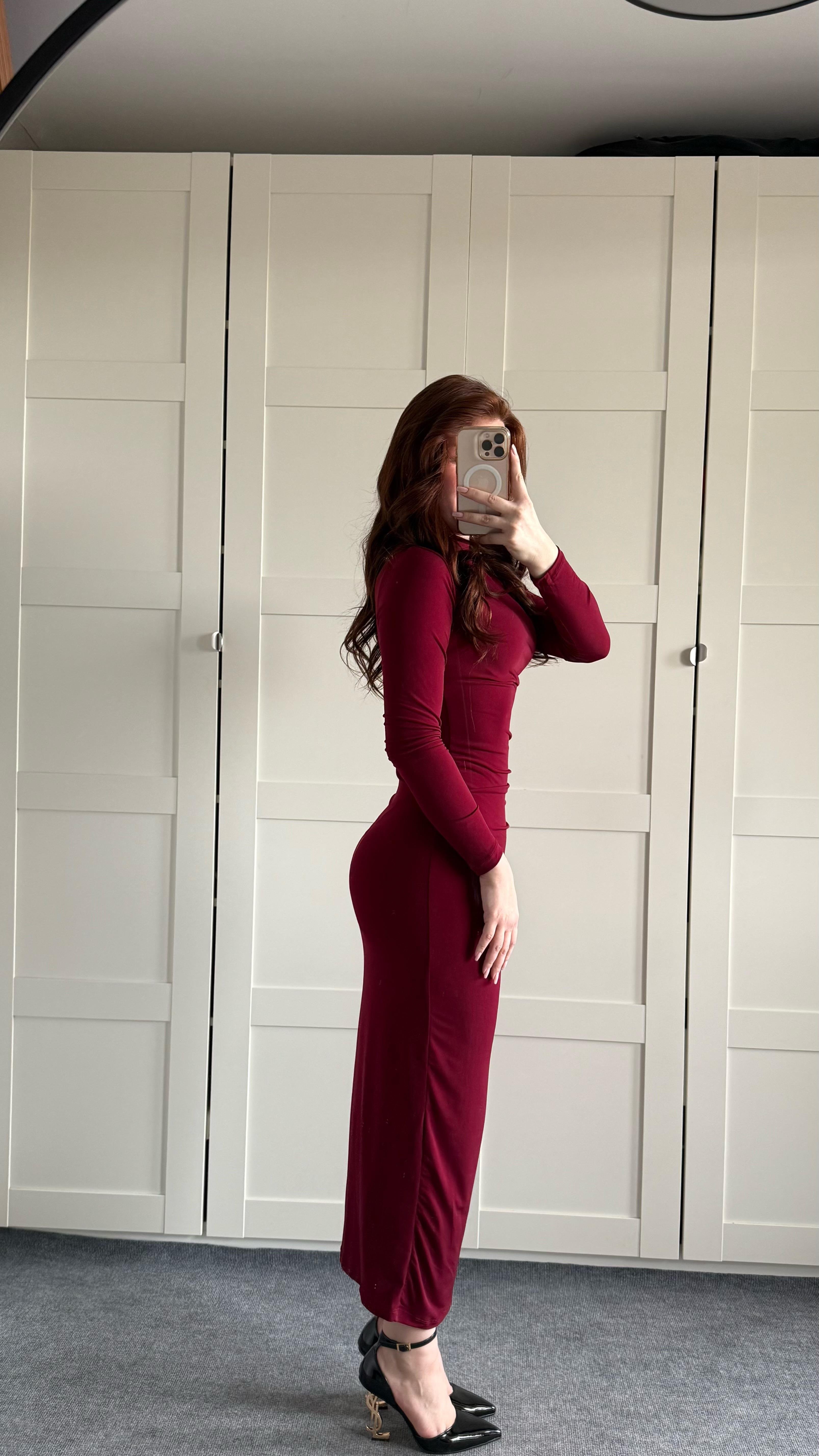 Drapeli Uzun Kol Maxi Elbise Bordo
