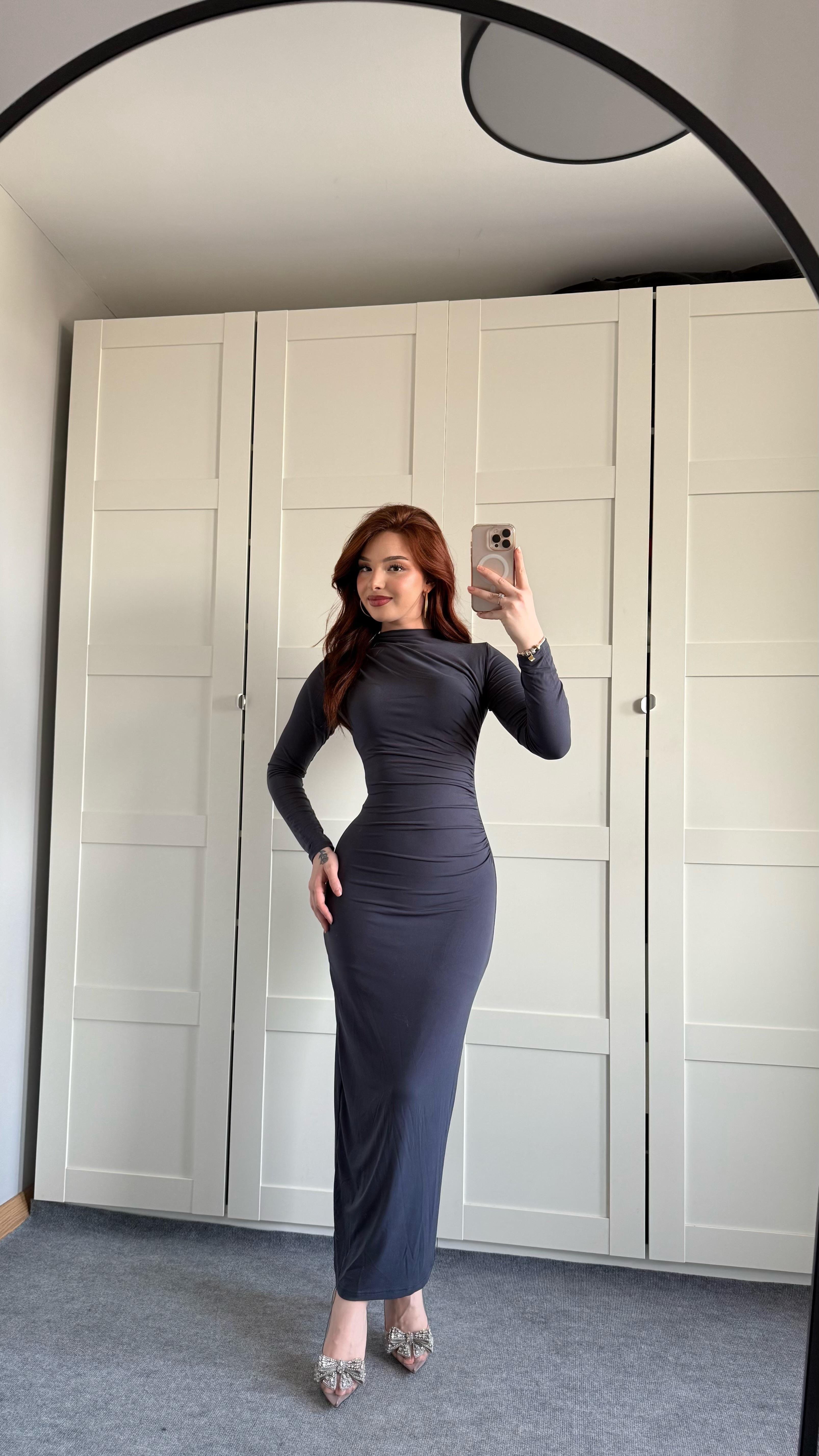 Drapeli Uzun Kol Maxi Elbise Gri