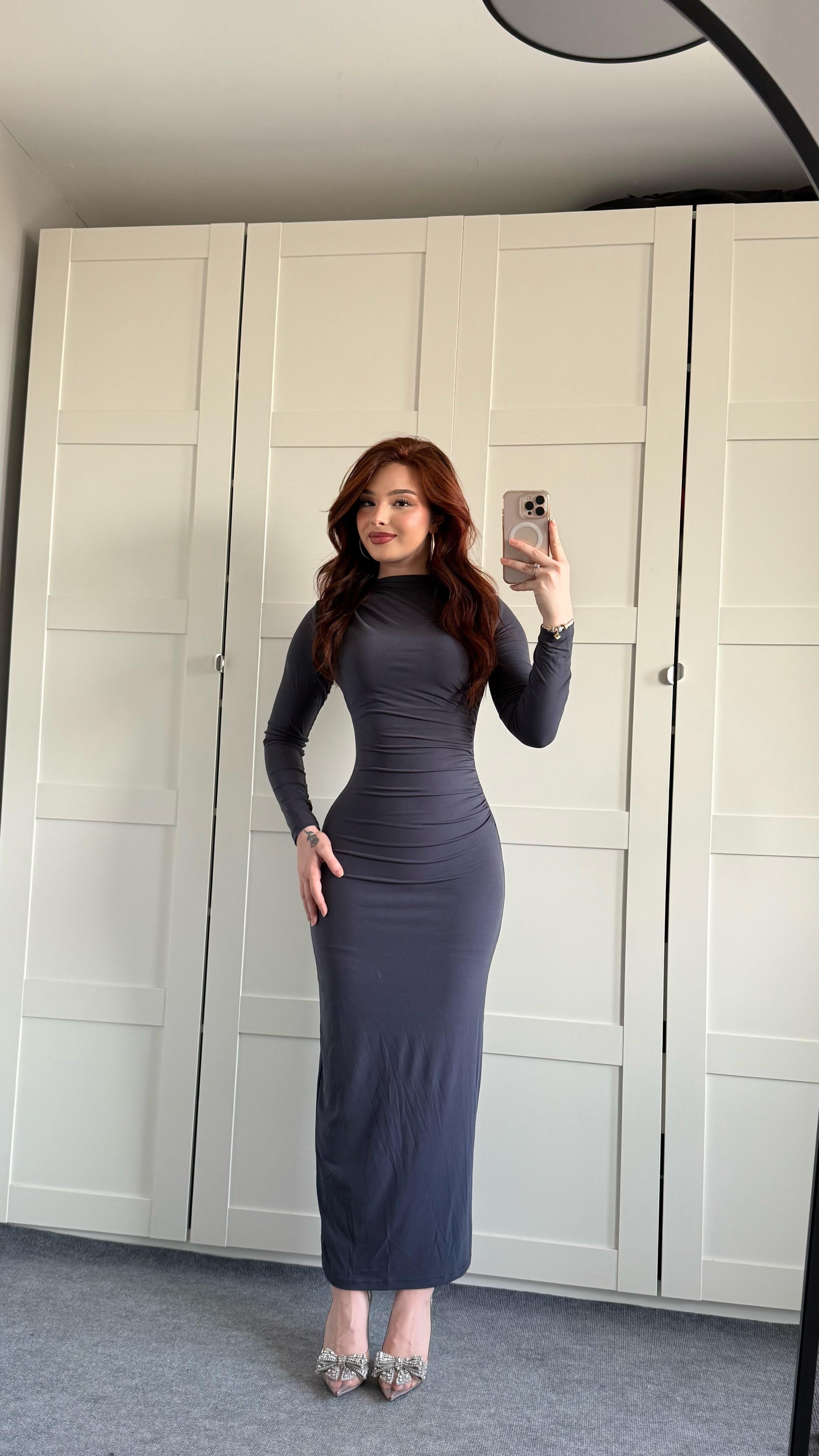 Drapeli Uzun Kol Maxi Elbise Gri