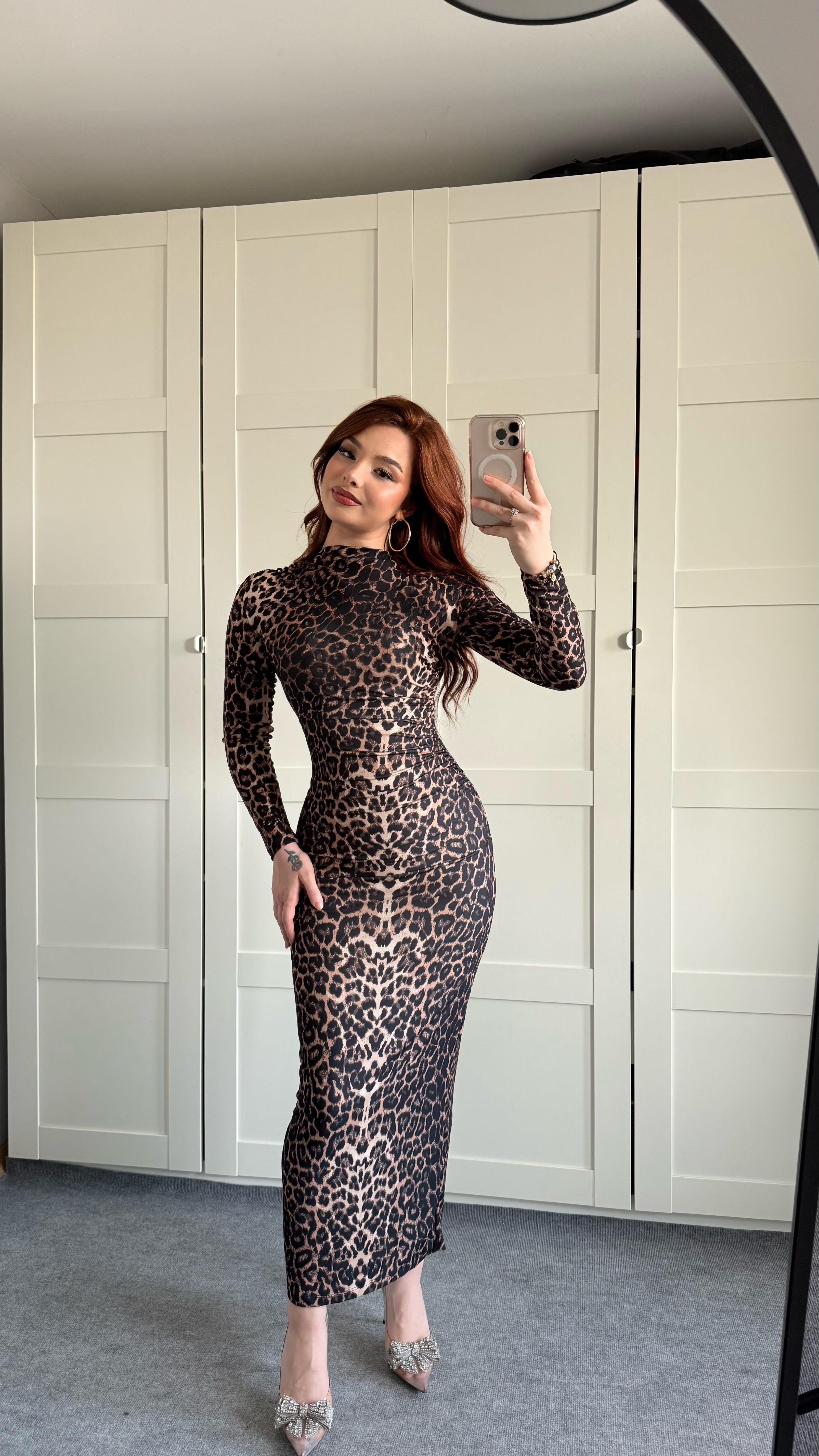 Drapeli Uzun Kol Maxi Elbise Leopar