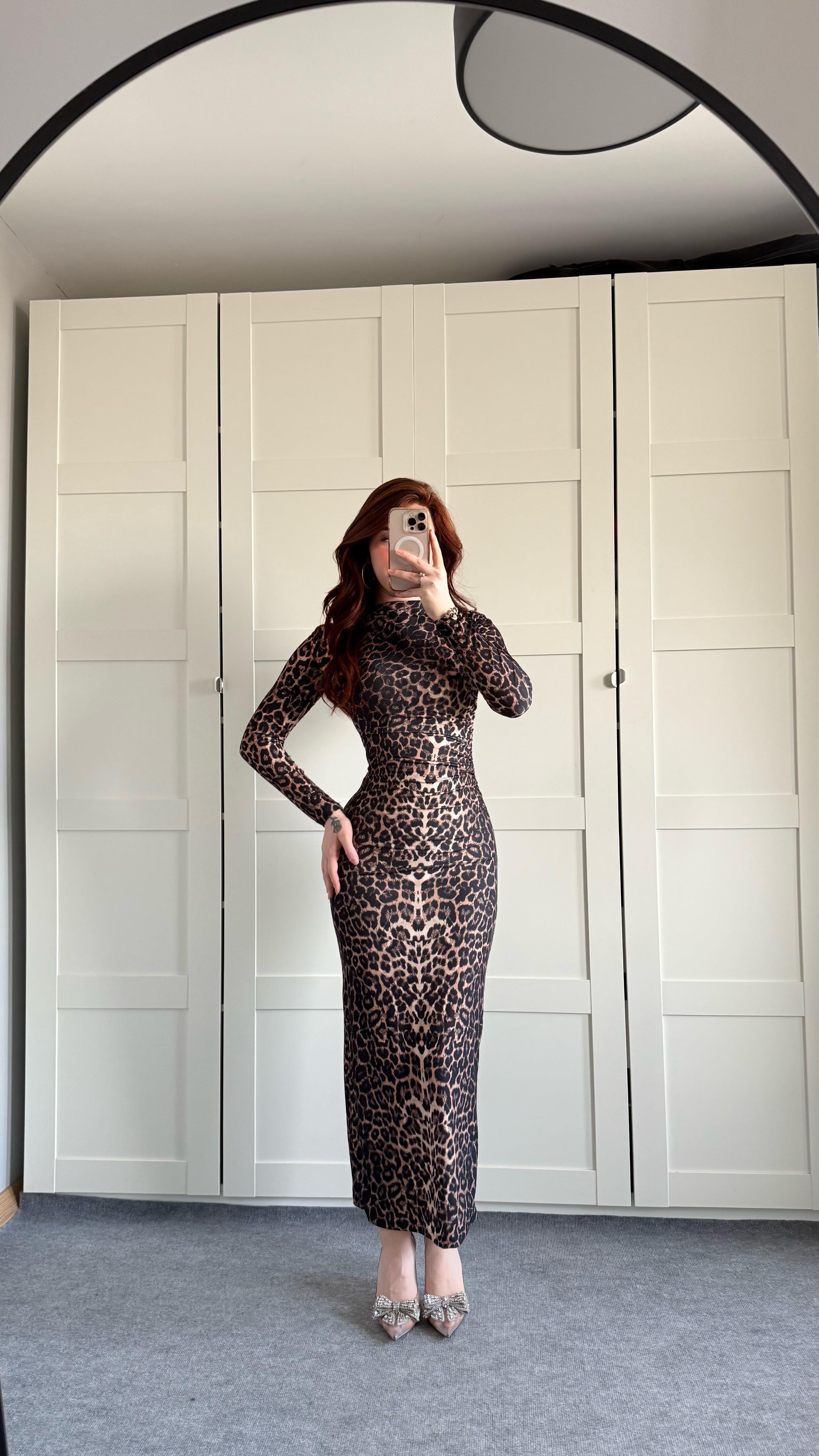 Drapeli Uzun Kol Maxi Elbise Leopar