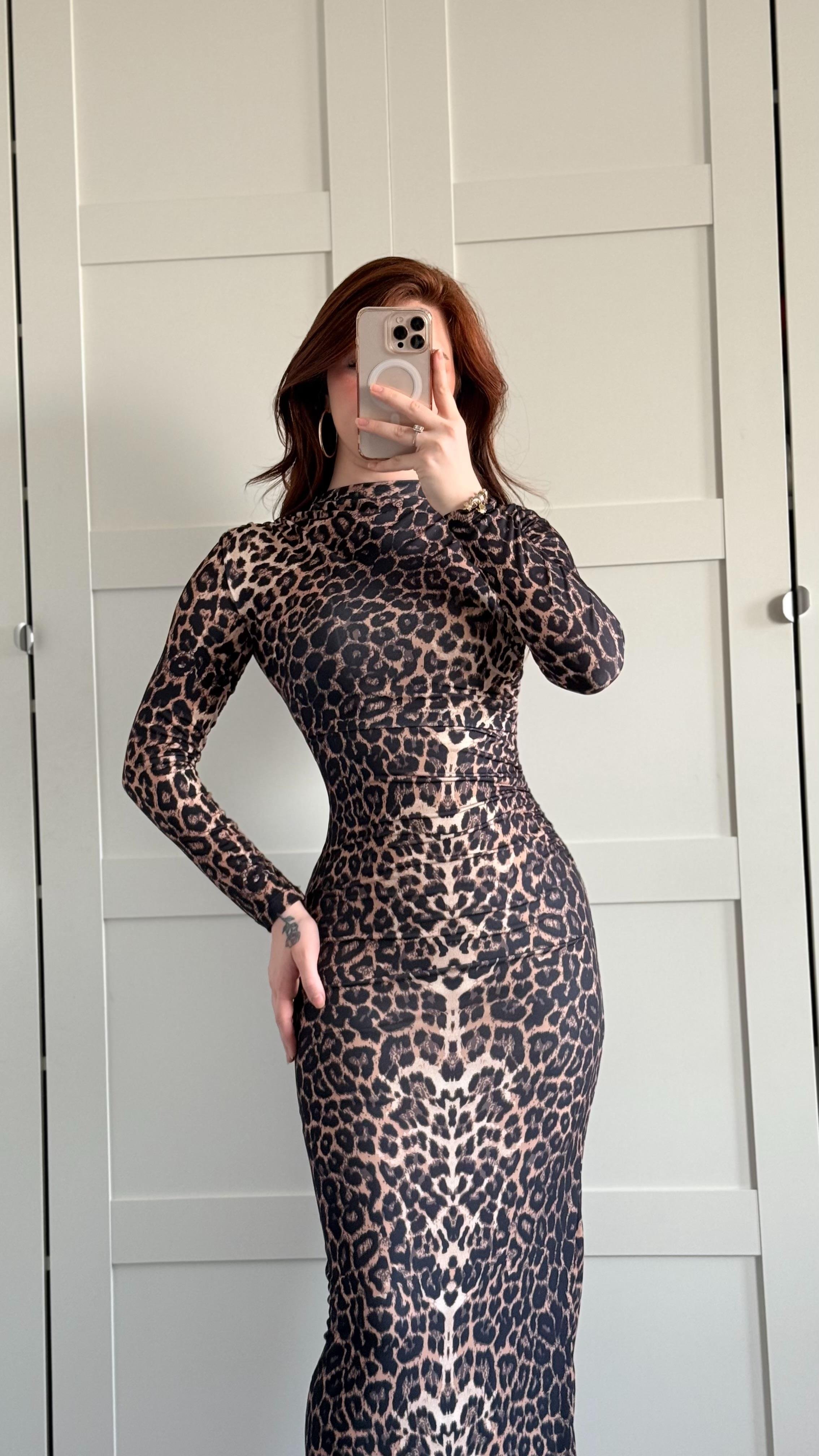 Drapeli Uzun Kol Maxi Elbise Leopar
