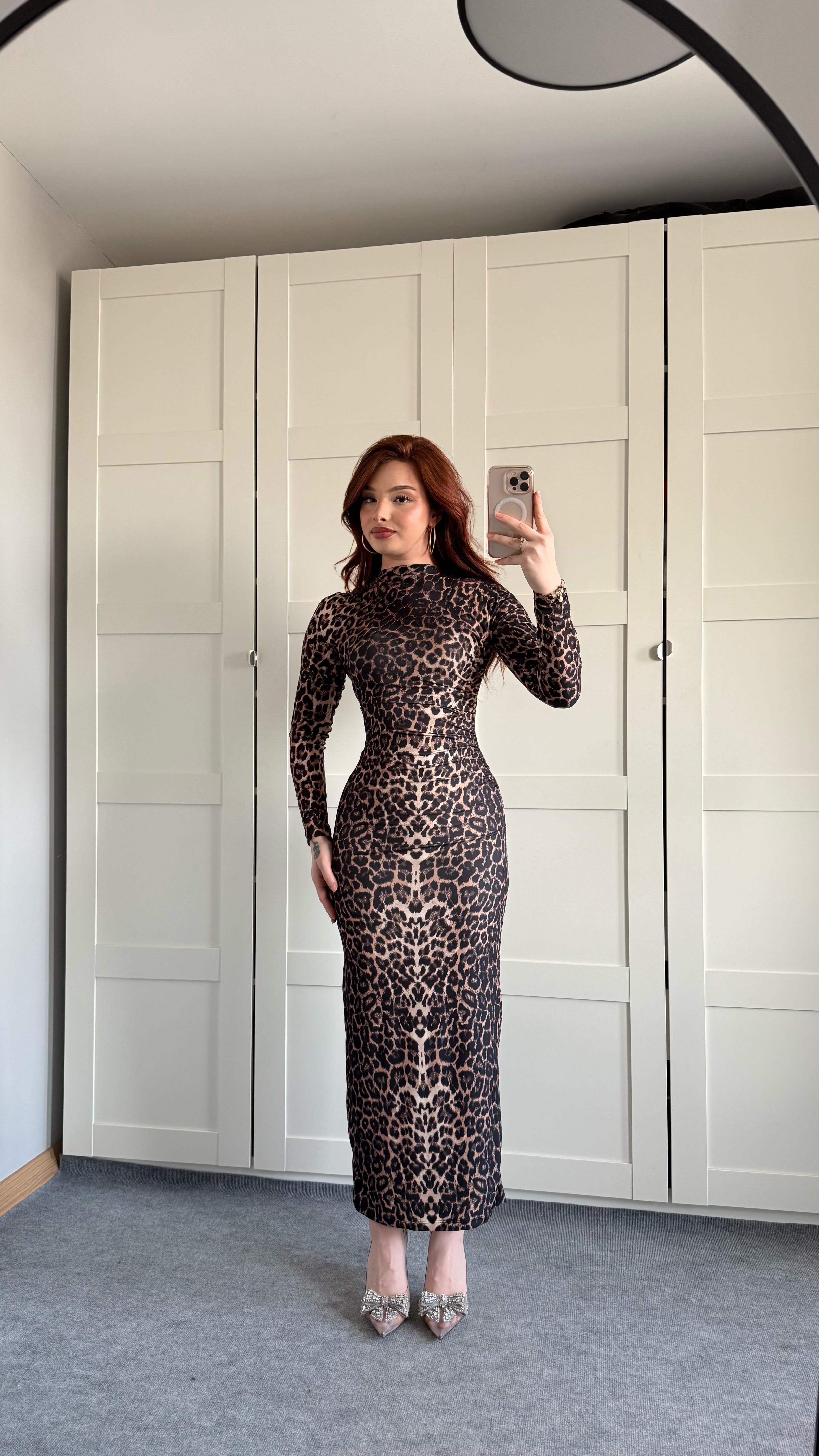 Drapeli Uzun Kol Maxi Elbise Leopar