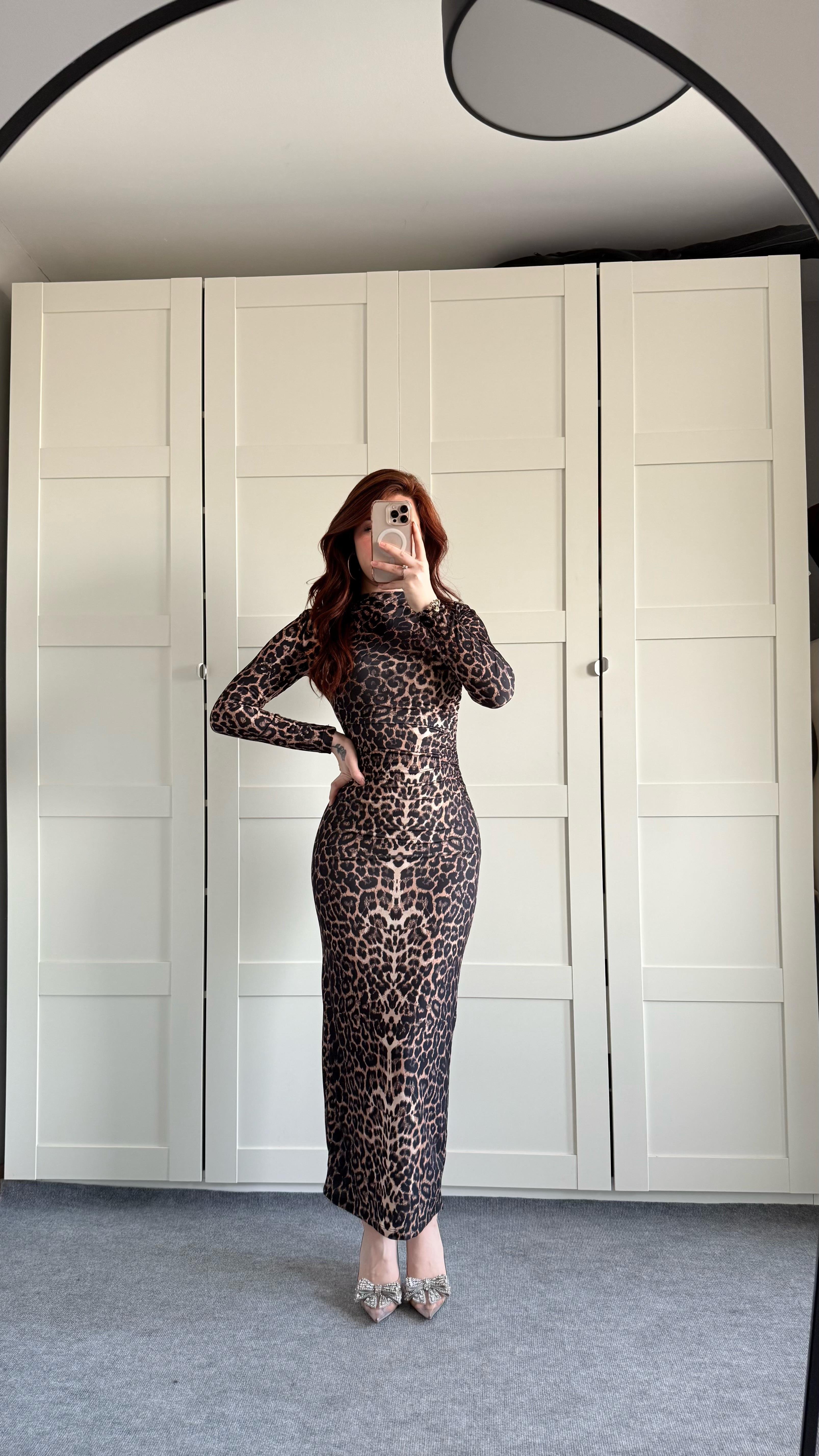 Drapeli Uzun Kol Maxi Elbise Leopar