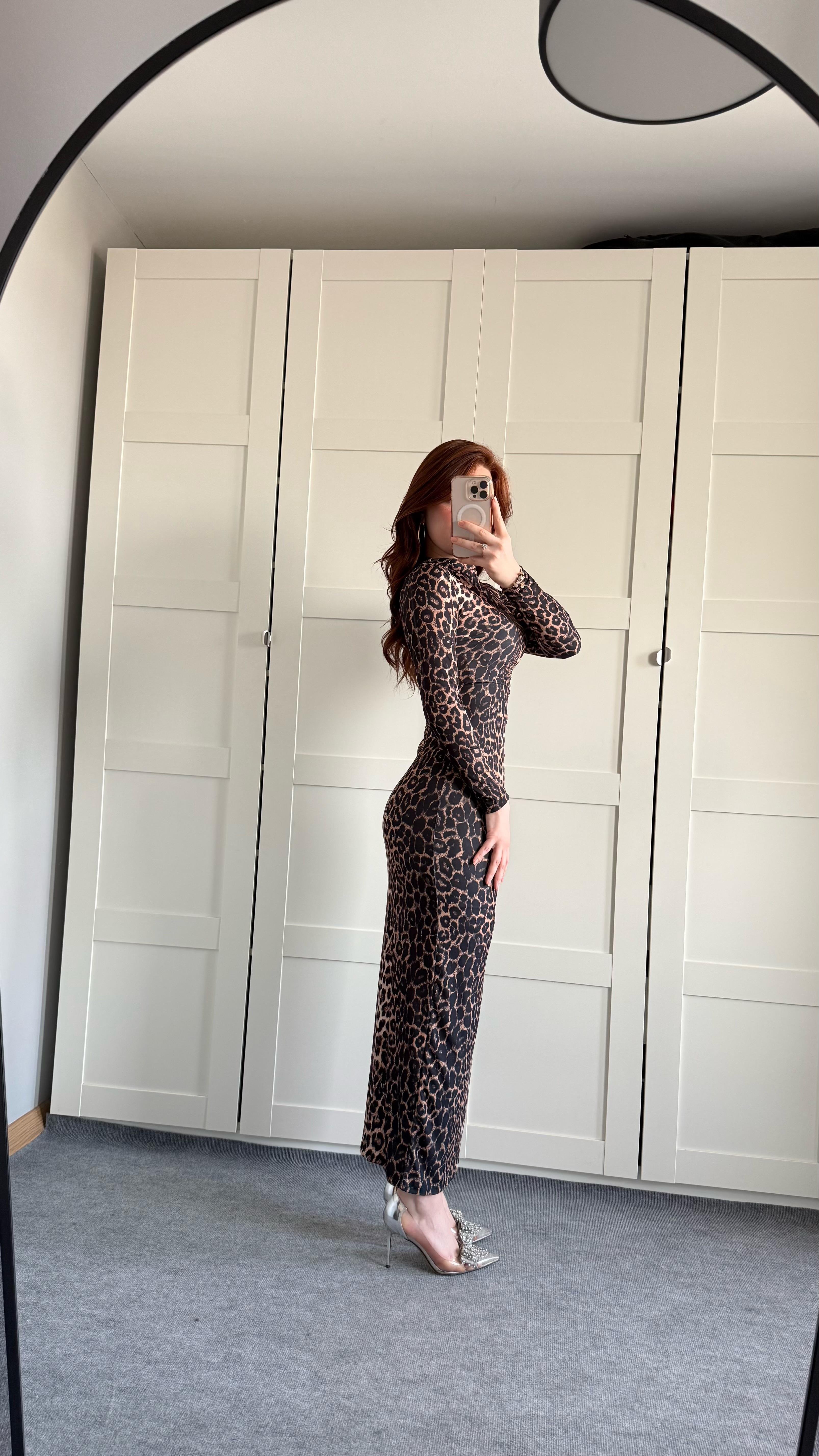 Drapeli Uzun Kol Maxi Elbise Leopar