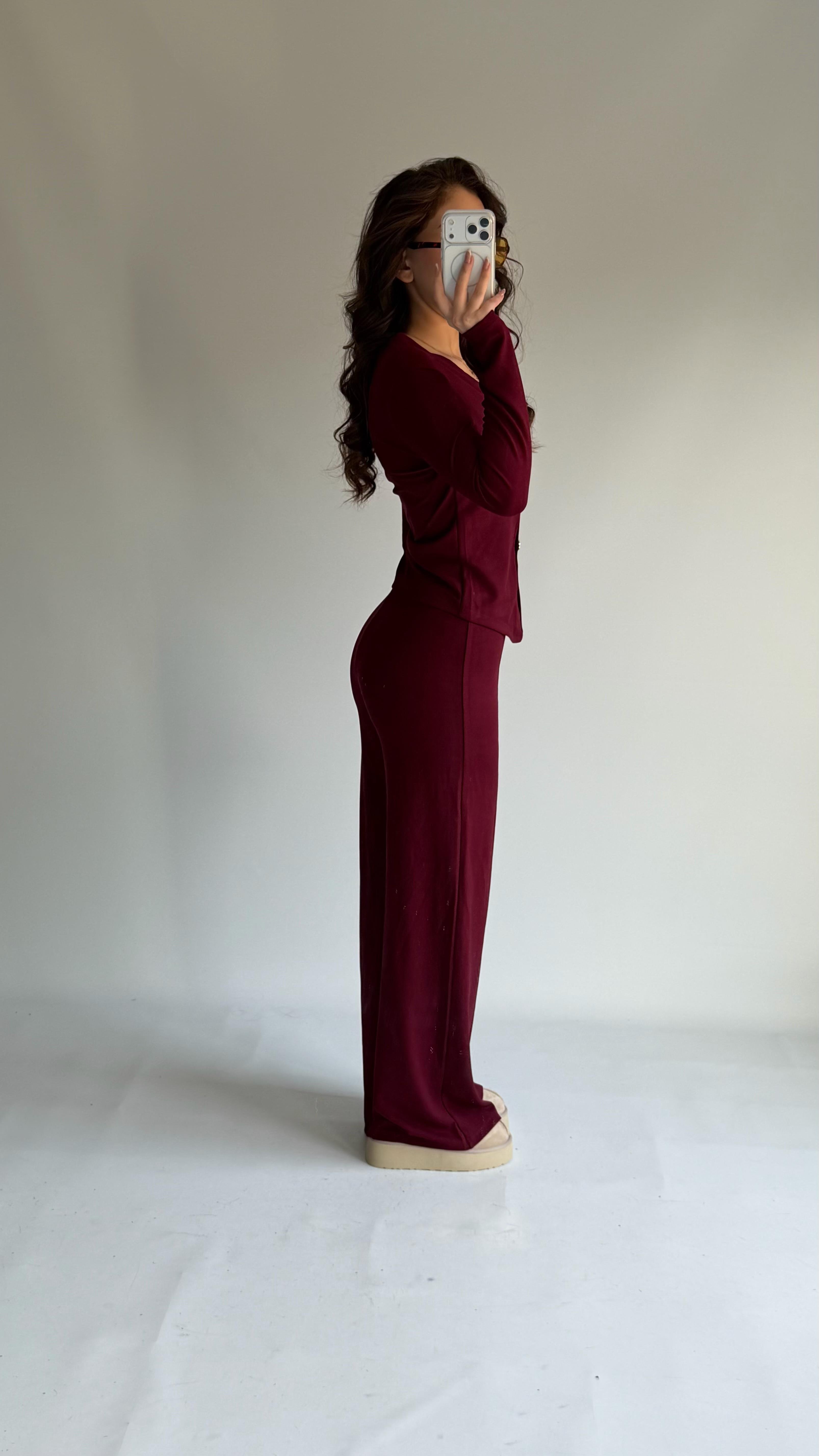 Düğmeli Premium Fitilli Takım Bordo