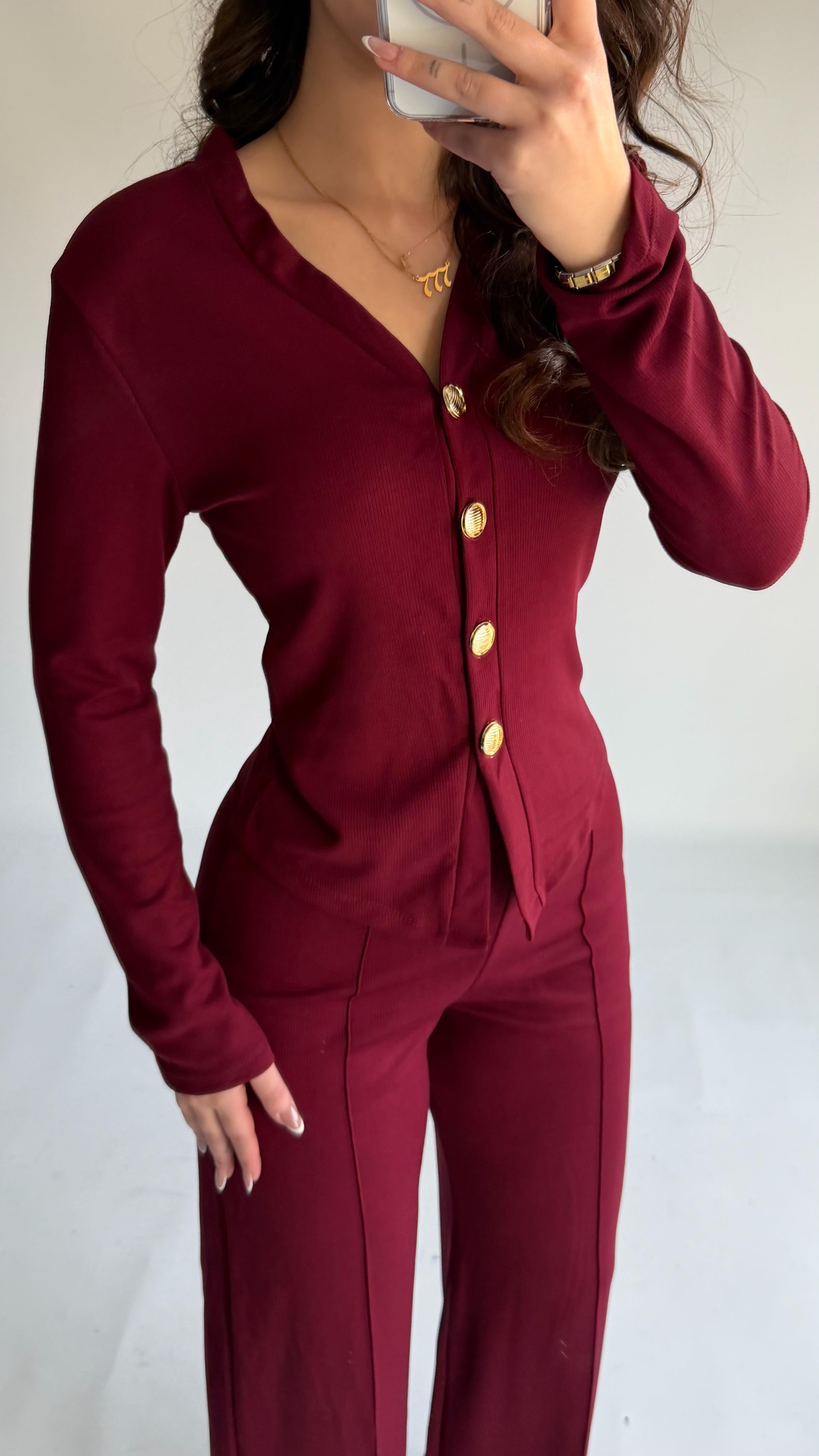 Düğmeli Premium Fitilli Takım Bordo
