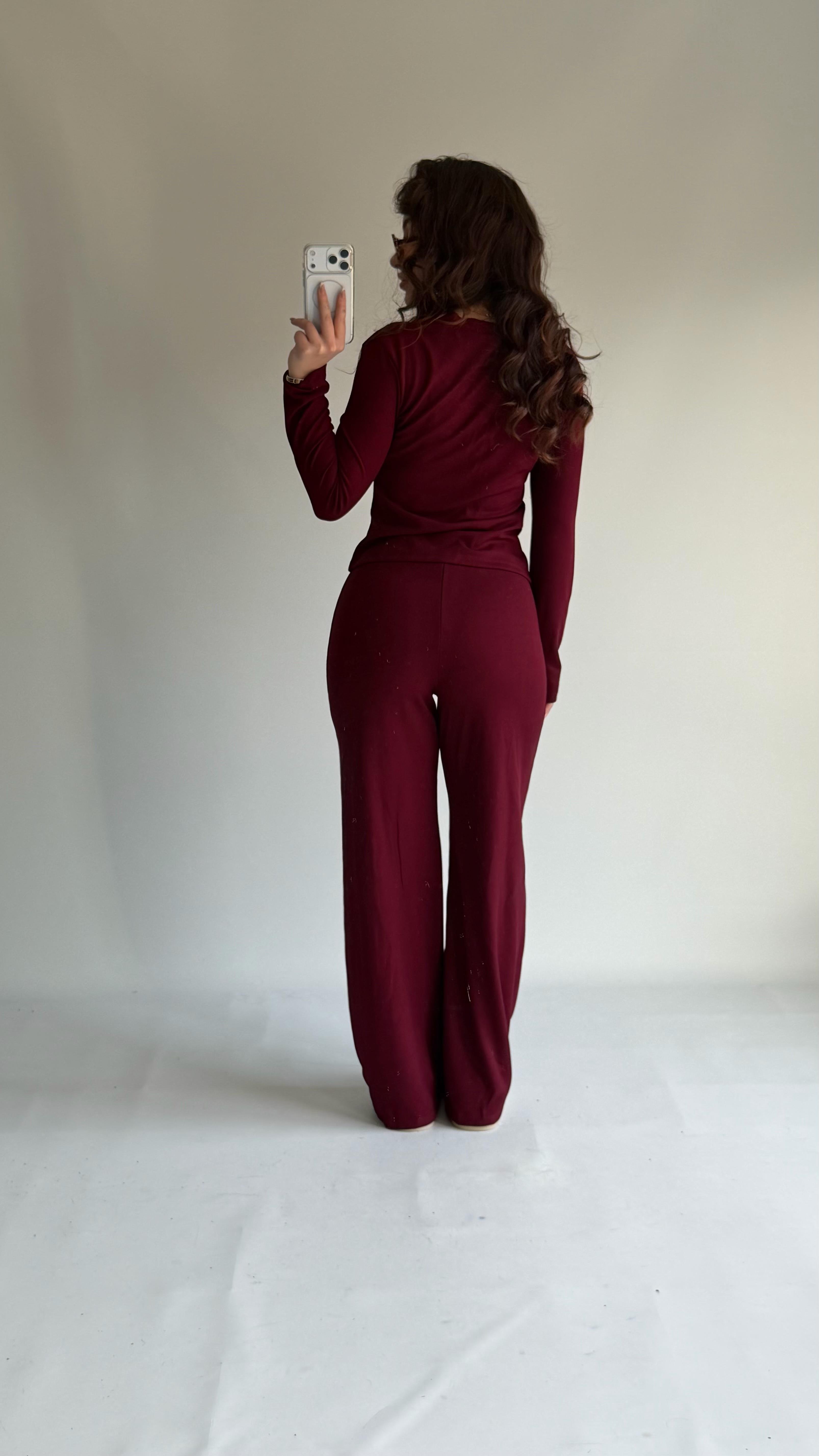 Düğmeli Premium Fitilli Takım Bordo