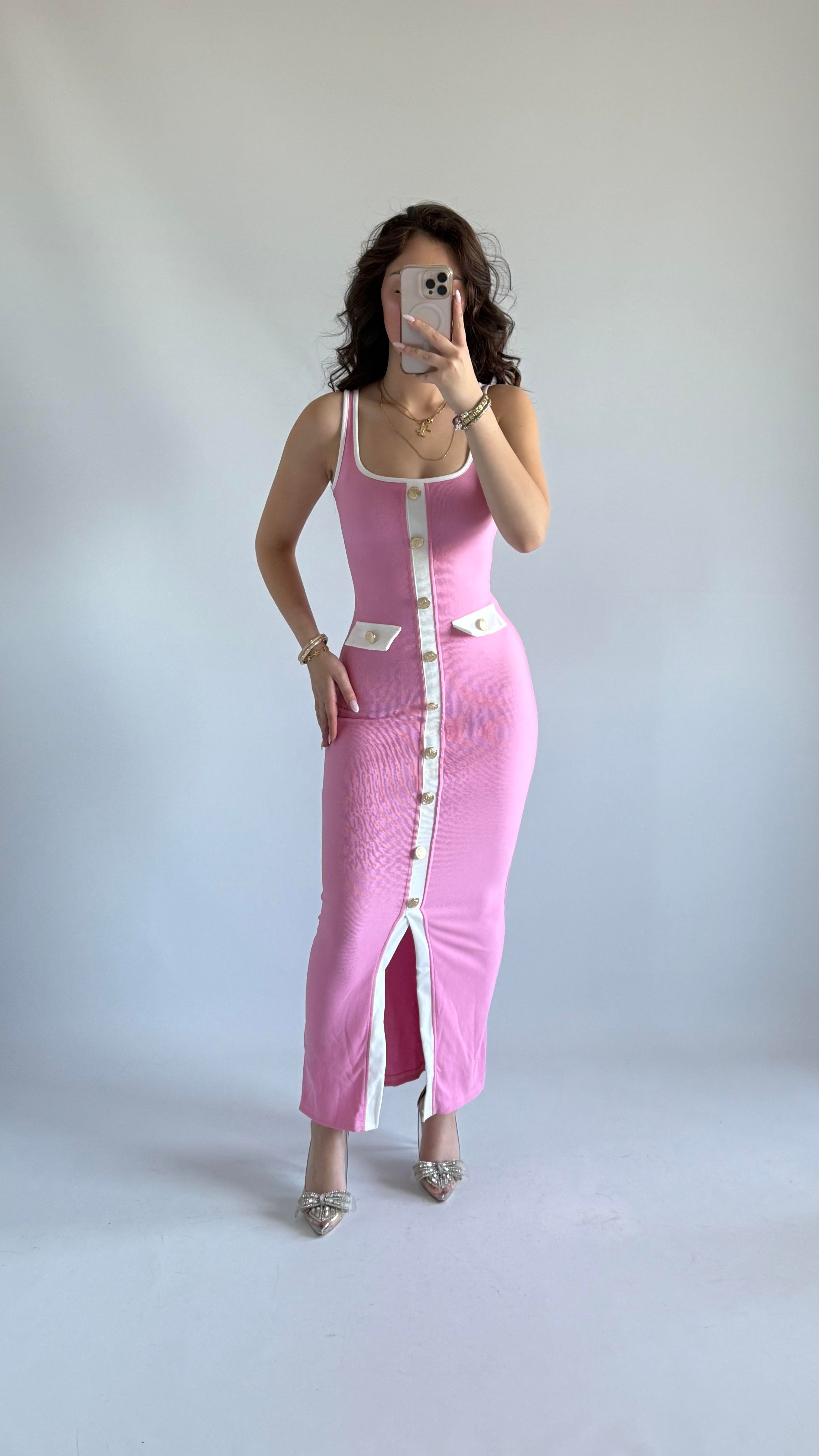 Düğmeli Yırtmaçlı Kare Yaka Elbise Pembe