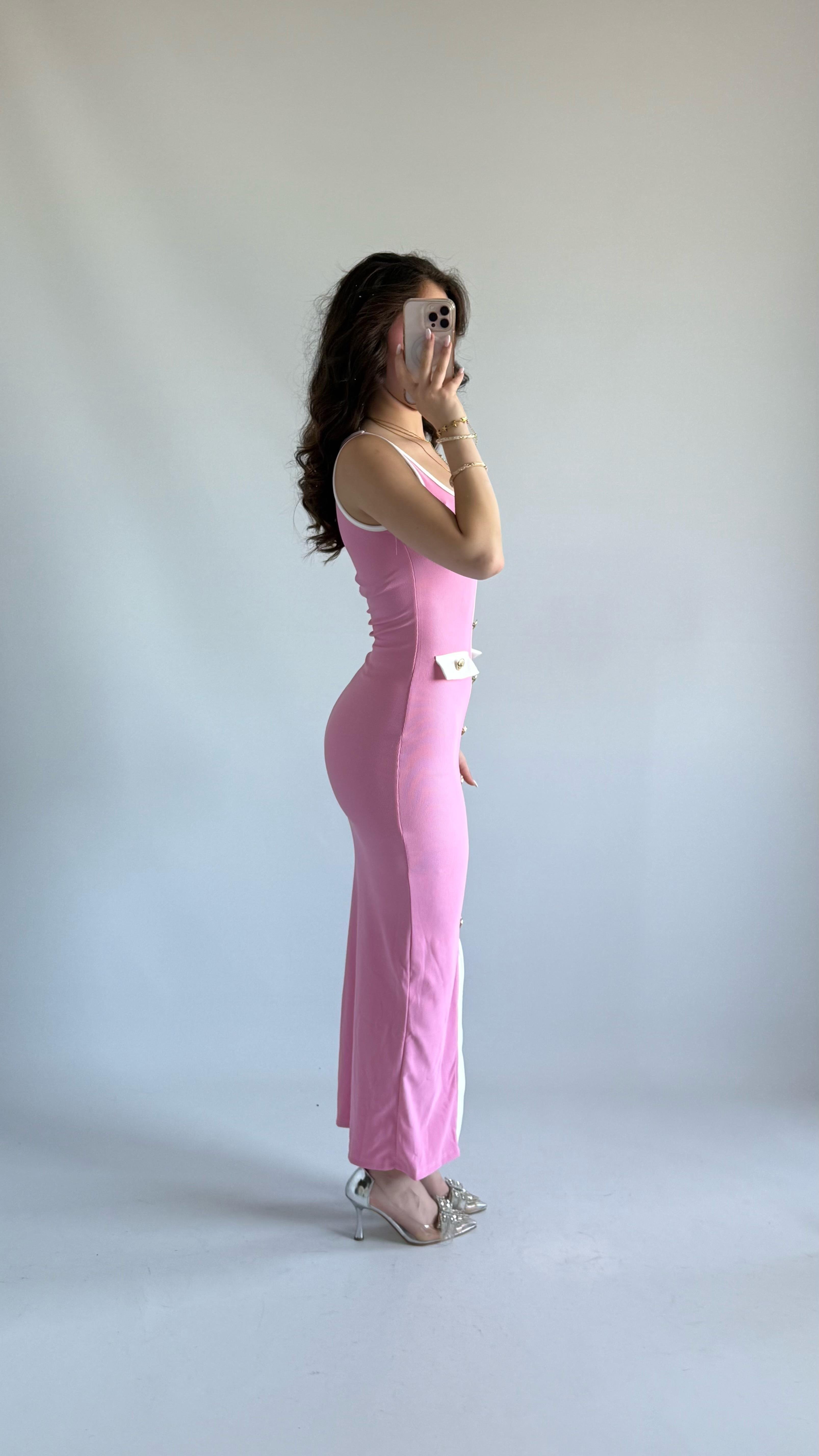 Düğmeli Yırtmaçlı Kare Yaka Elbise Pembe