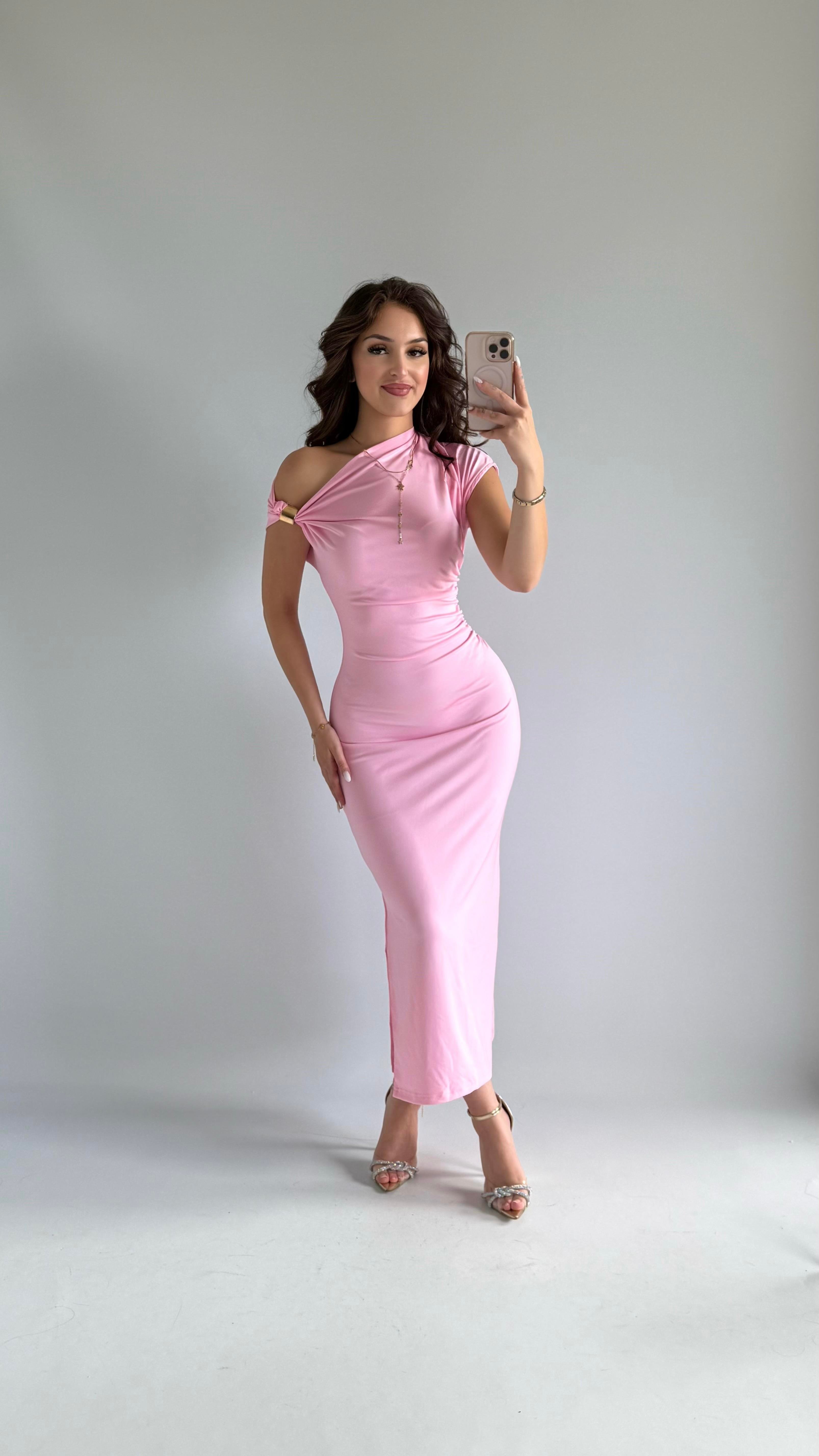 Düşük Omuz Gold Tokalı Elbise Pembe
