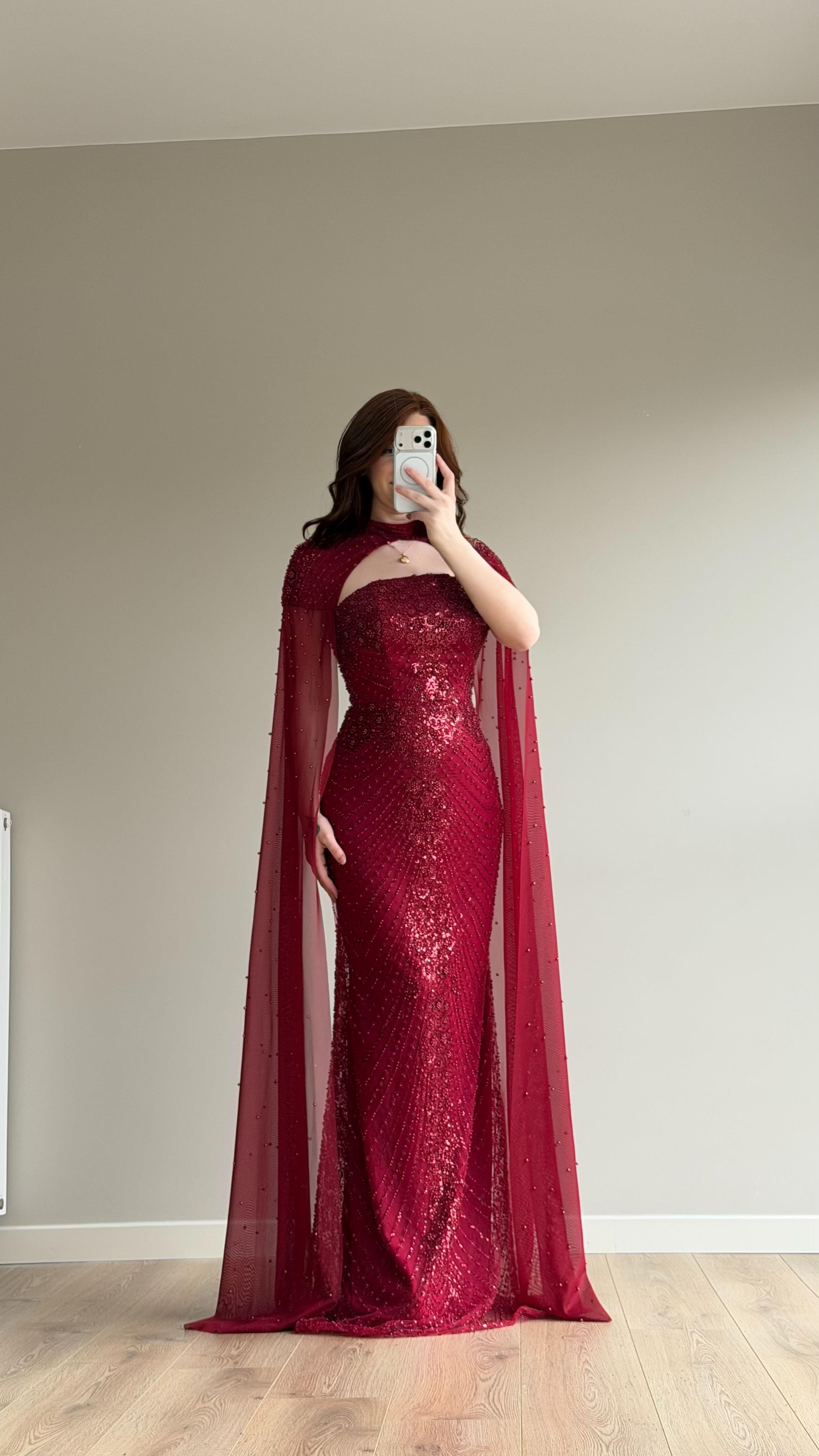 Elizan Pelerinli Maxi Abiye Bordo