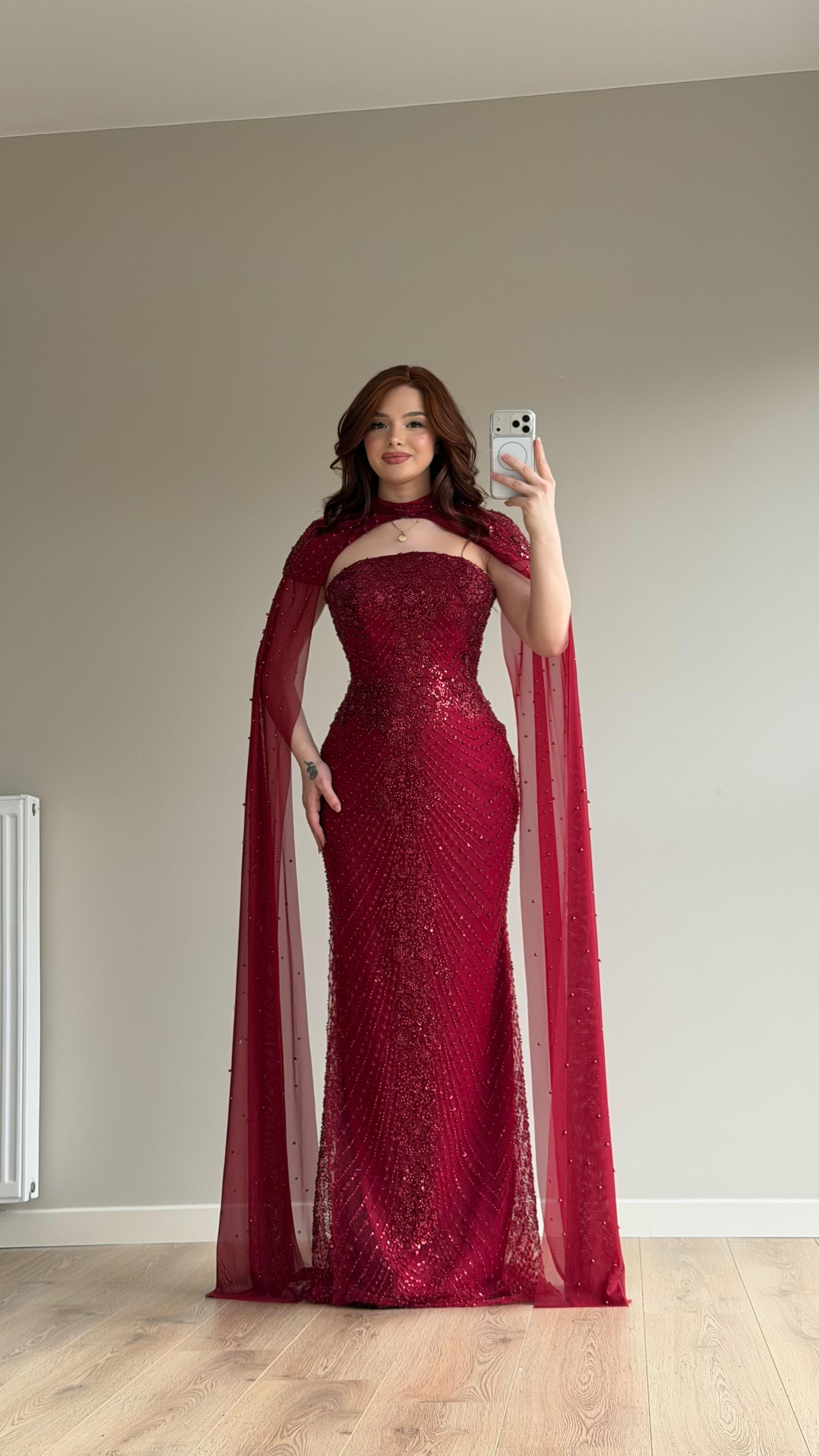Elizan Pelerinli Maxi Abiye Bordo