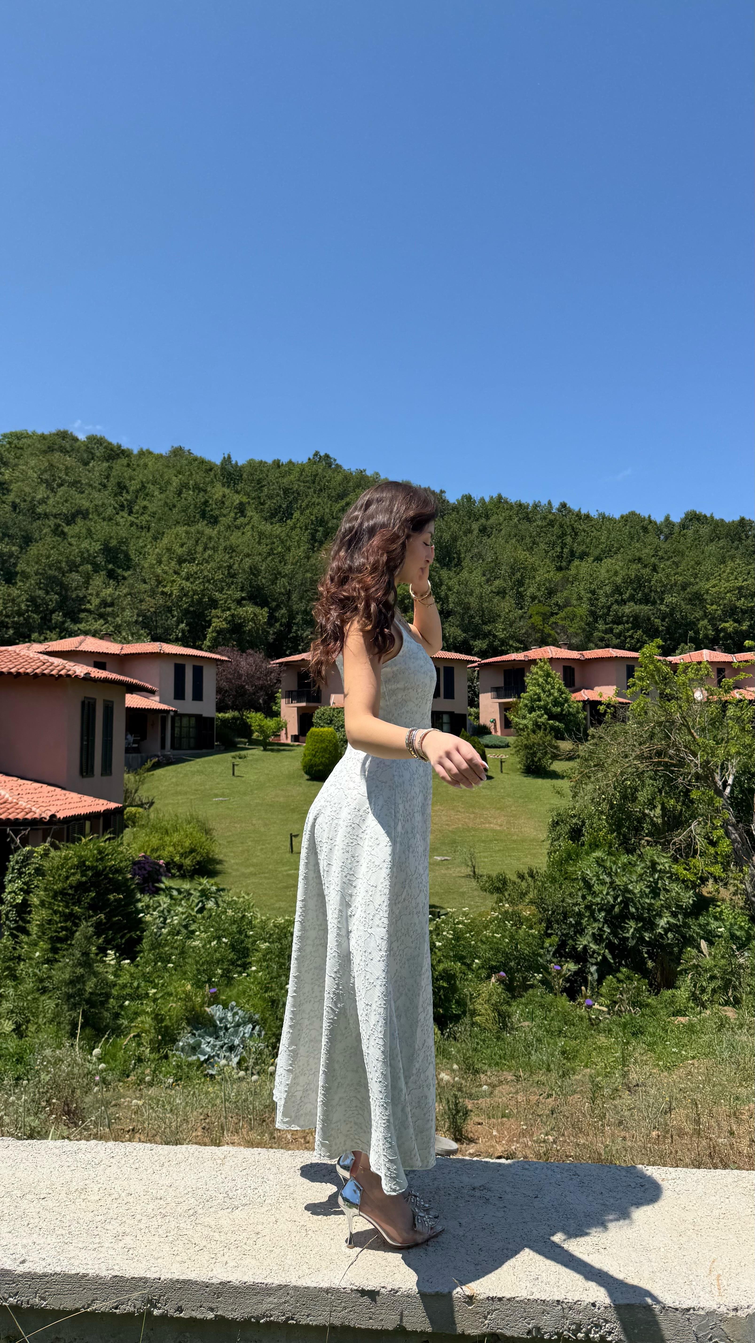 Esila Kare Yaka Simli Elbise Mavi
