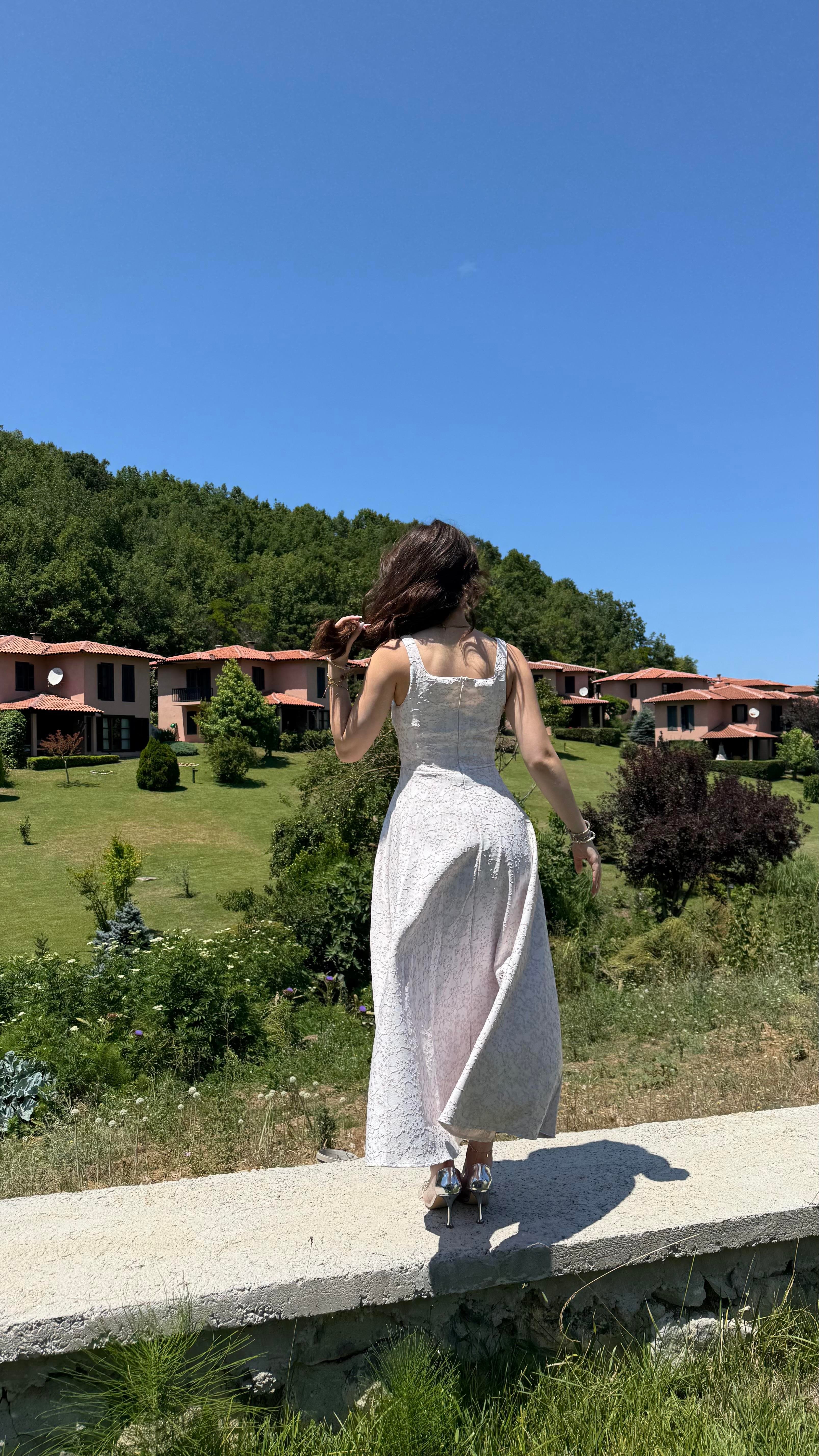 Esila Kare Yaka Simli Elbise Mavi