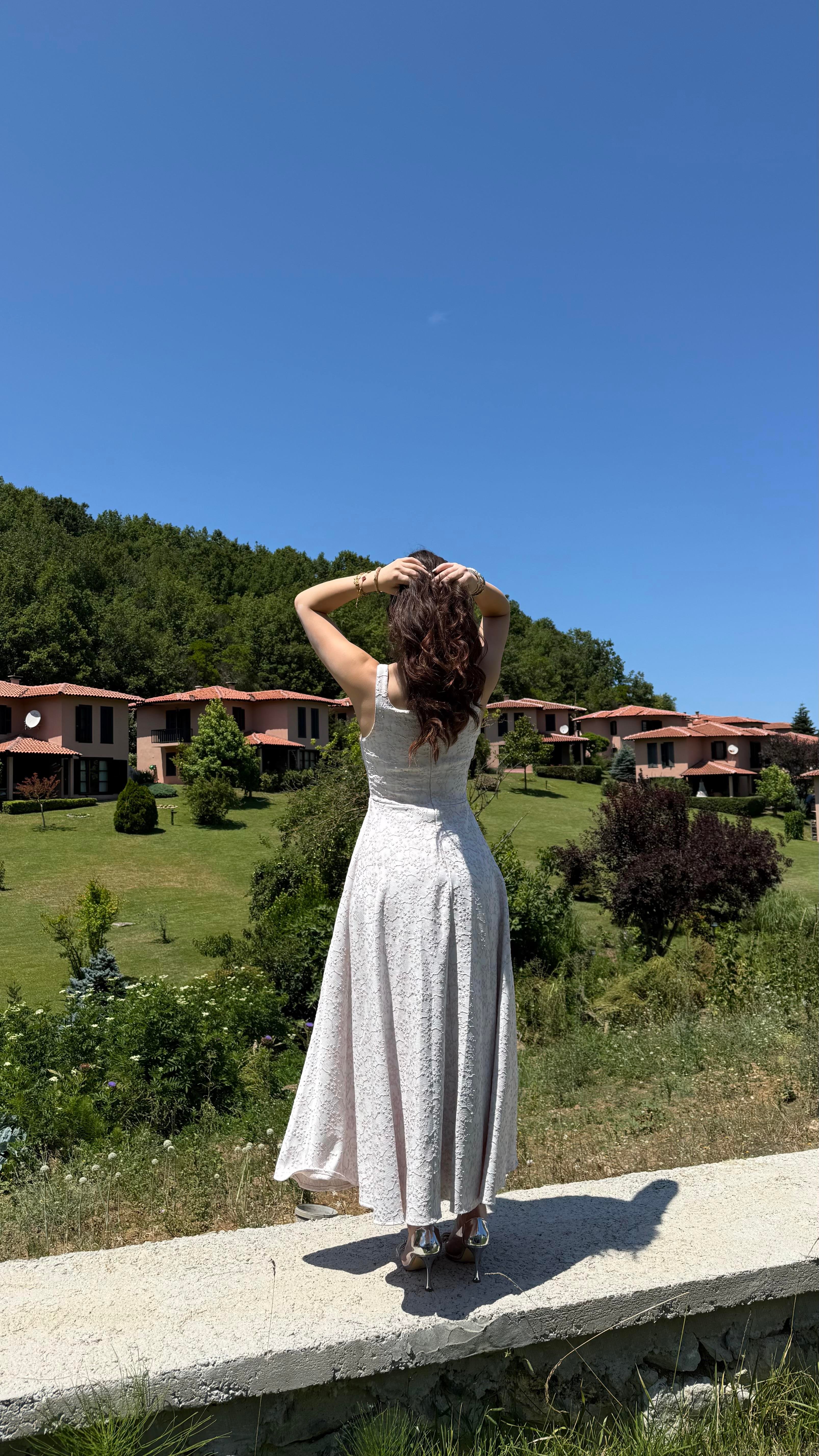 Esila Kare Yaka Simli Elbise Mavi