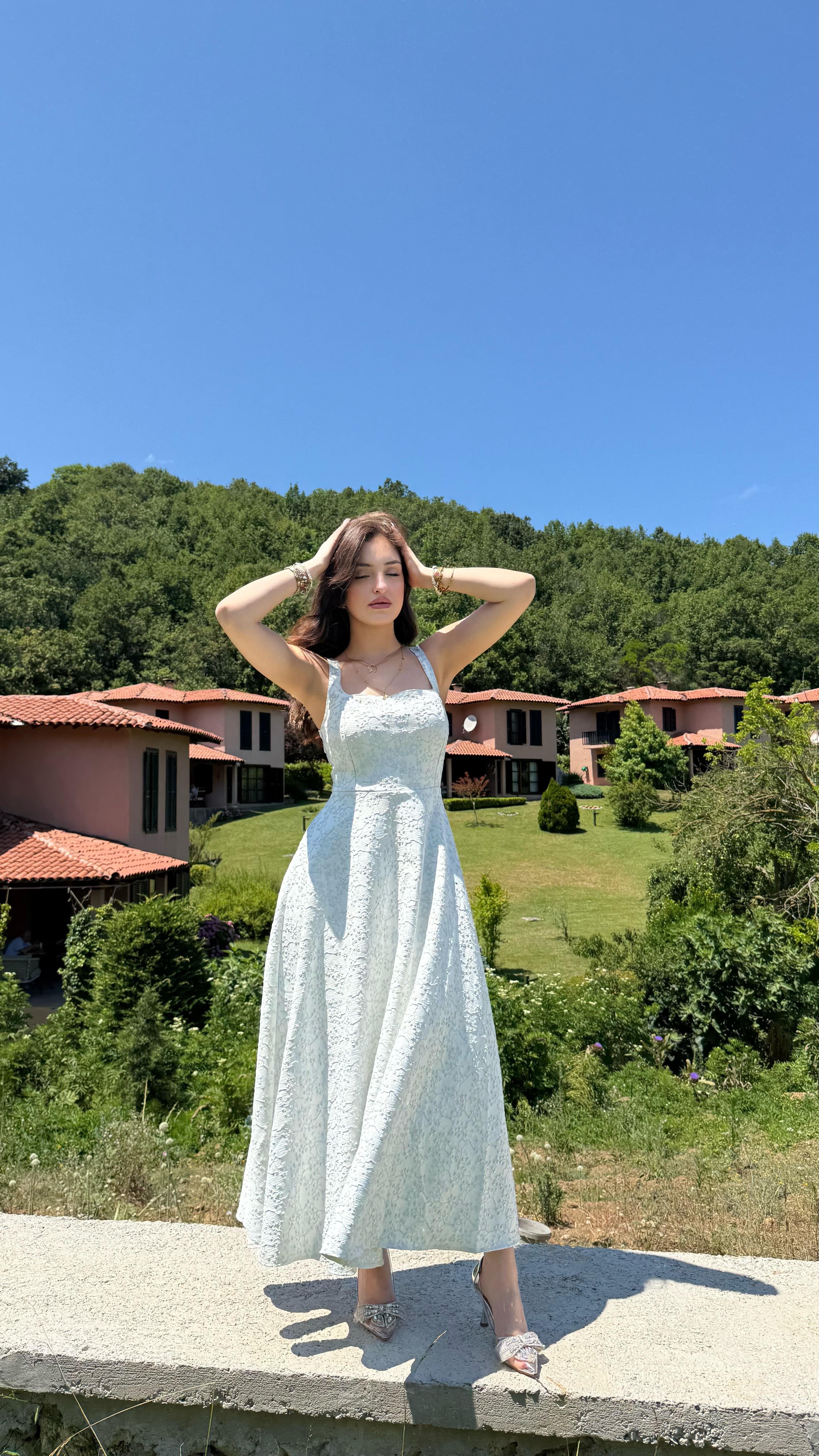Esila Kare Yaka Simli Elbise Mavi