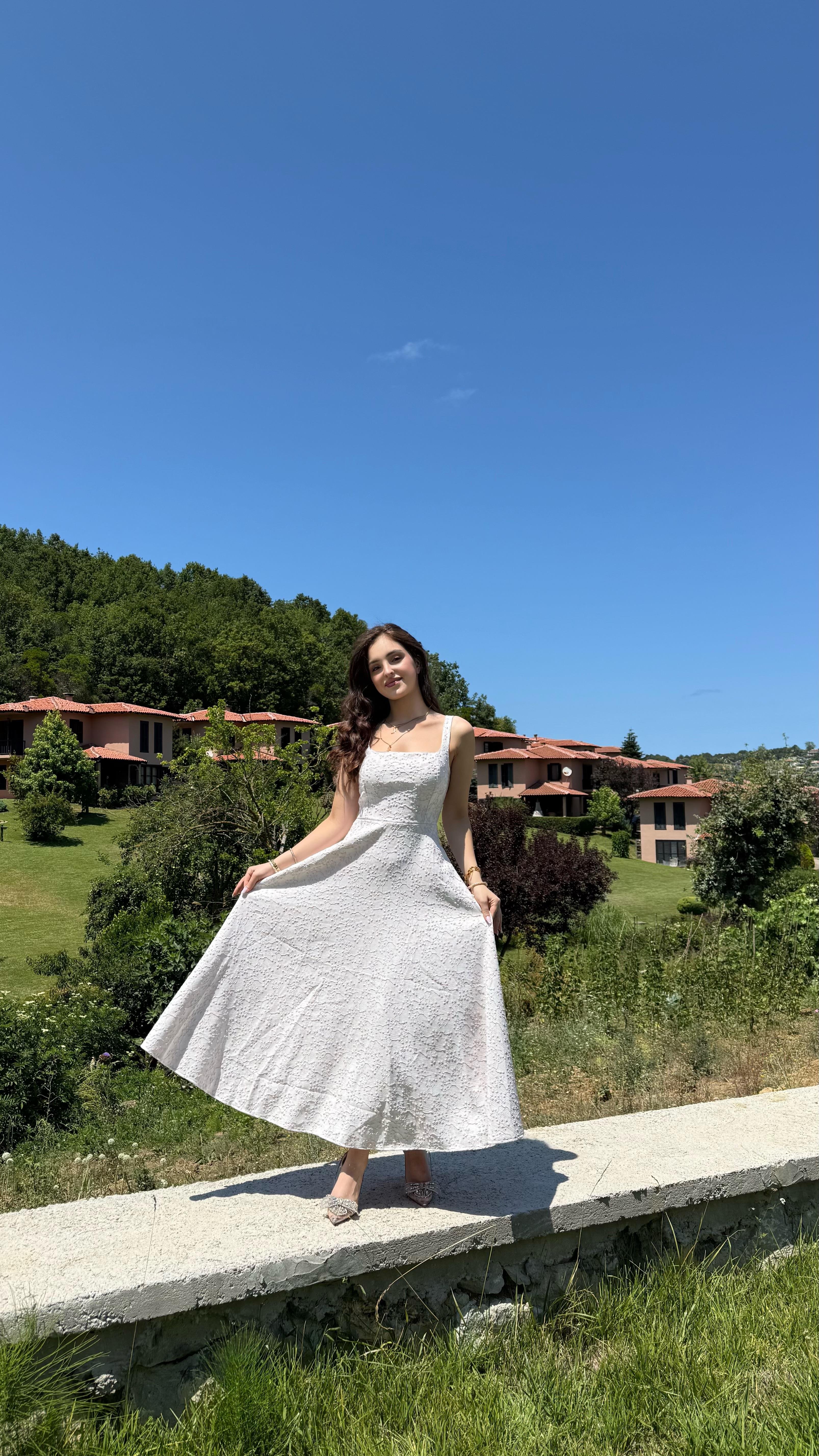 Esila Kare Yaka Simli Elbise Pembe