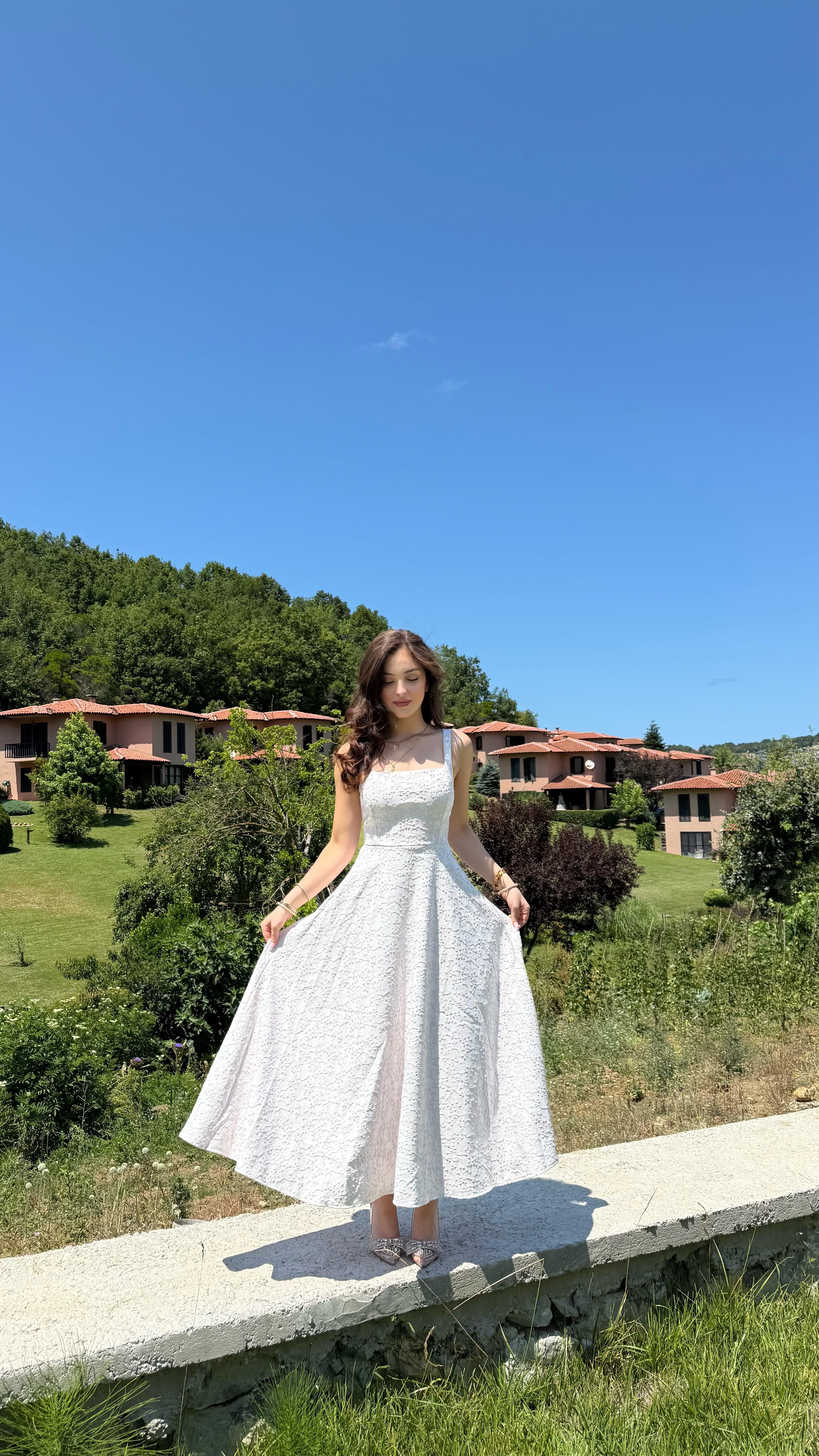 Esila Kare Yaka Simli Elbise Pembe