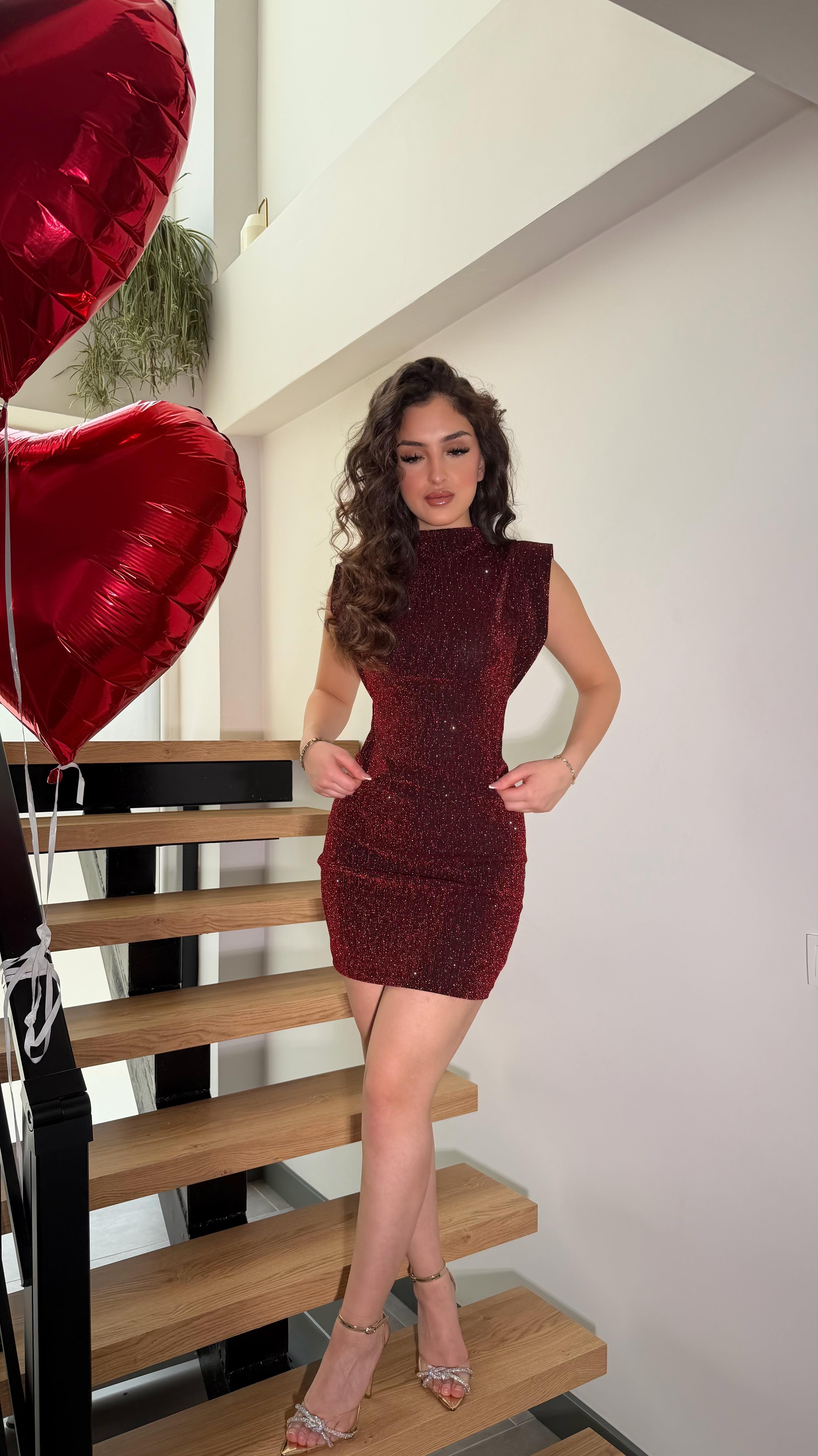 Esmoş Minik Taşlı Mini Elbise Bordo