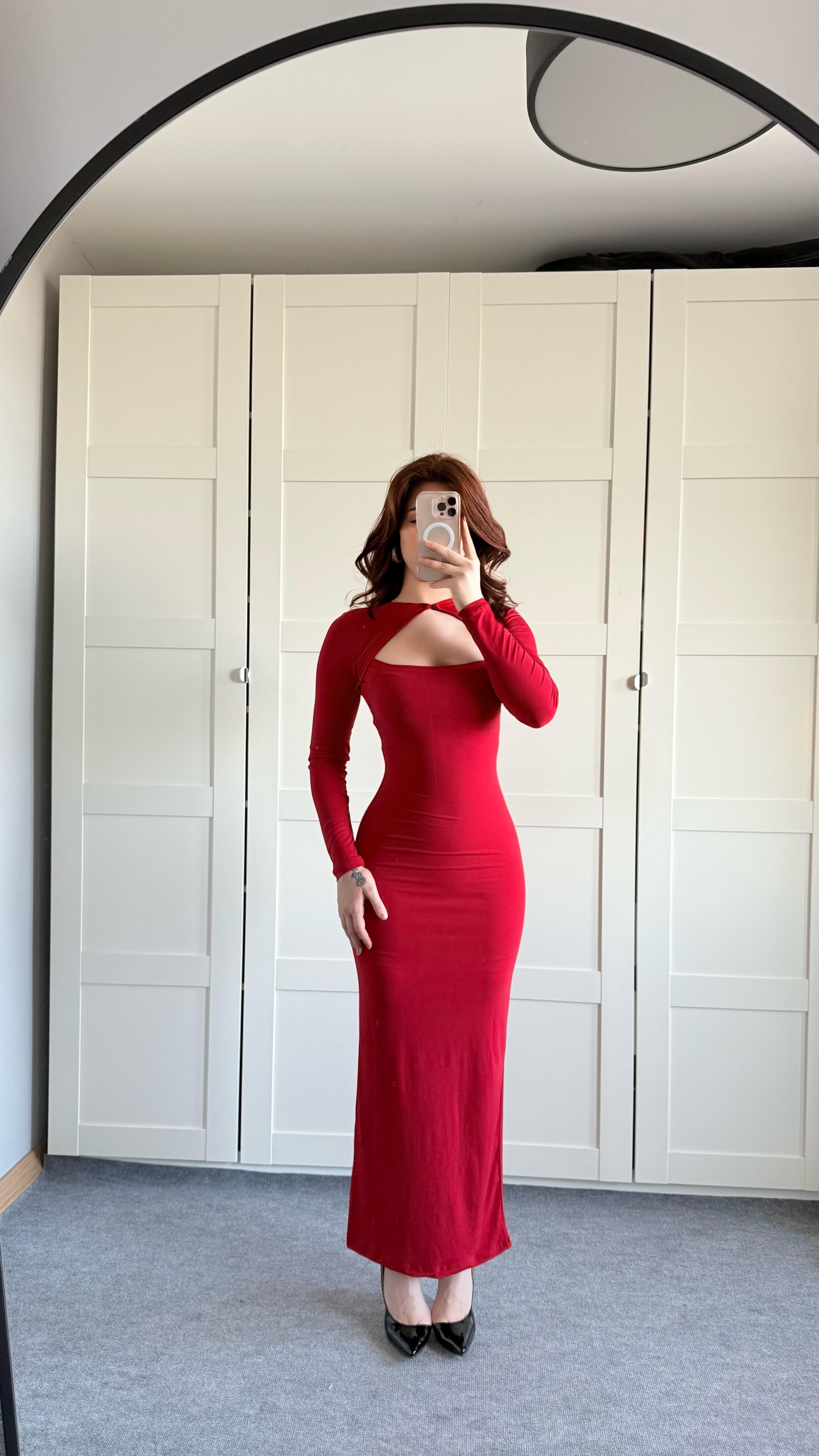 Fashion Trend Uzun Kare Yaka Elbise Kırmızı
