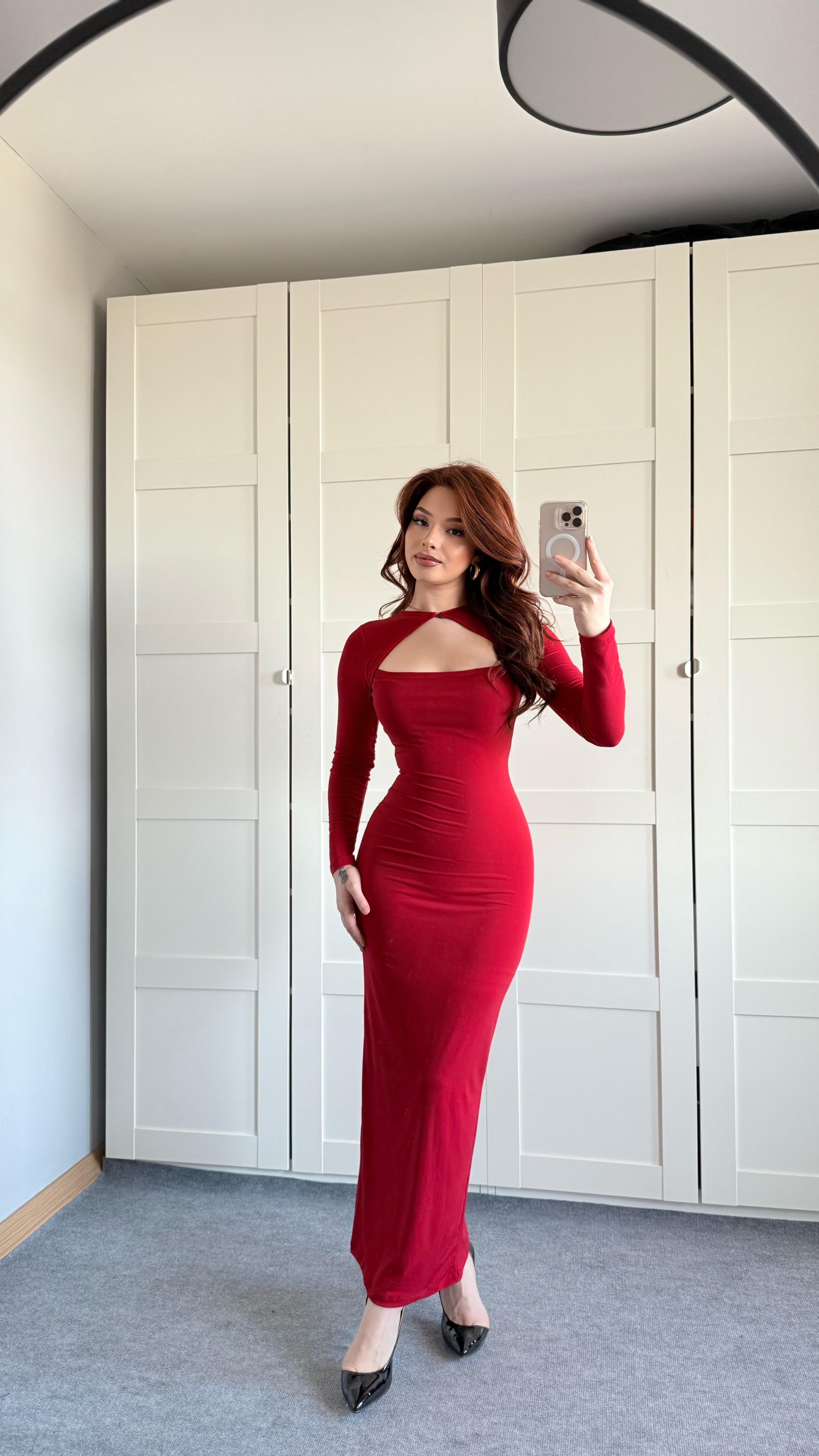 Fashion Trend Uzun Kare Yaka Elbise Kırmızı