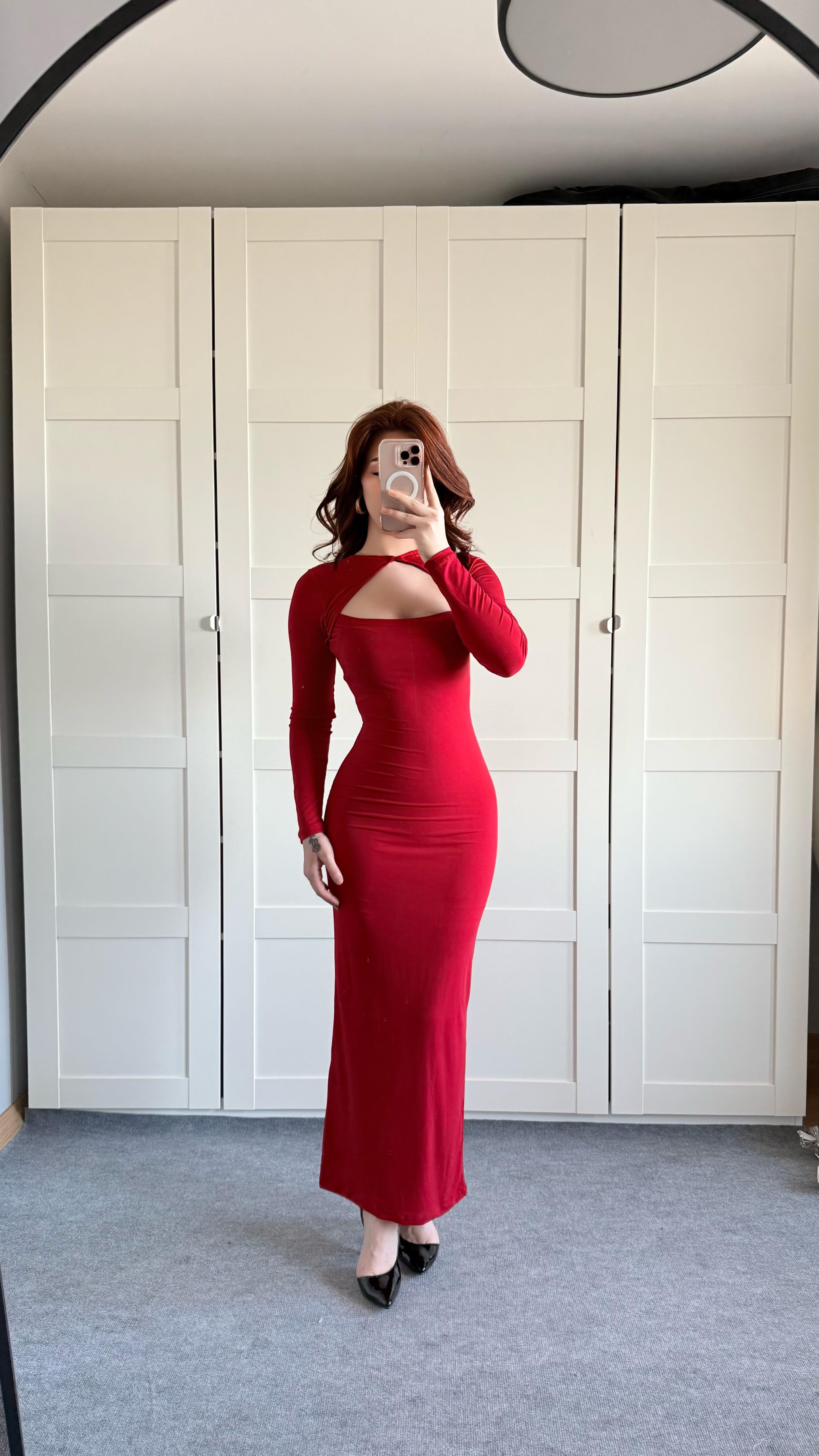 Fashion Trend Uzun Kare Yaka Elbise Kırmızı