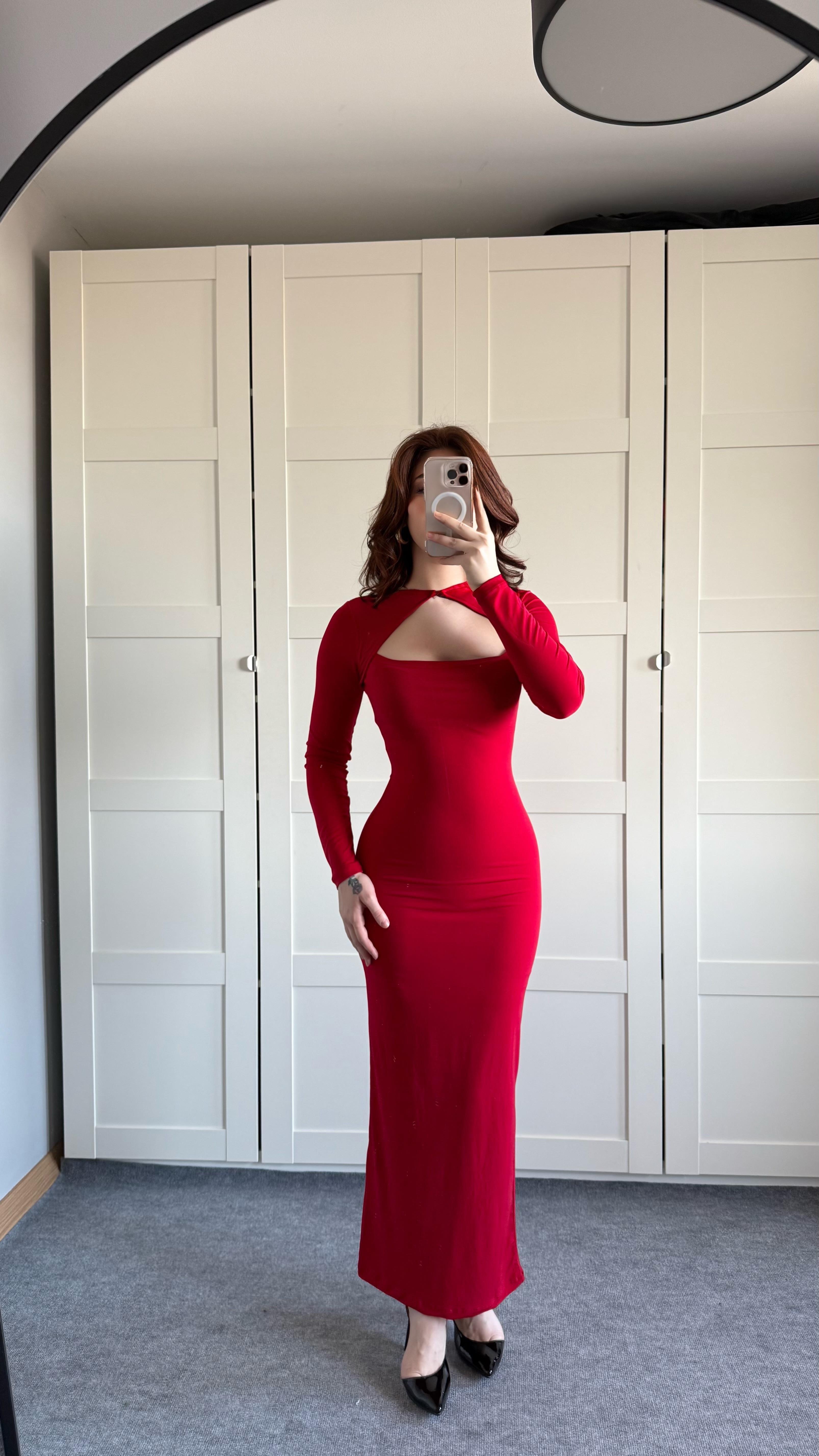 Fashion Trend Uzun Kare Yaka Elbise Kırmızı