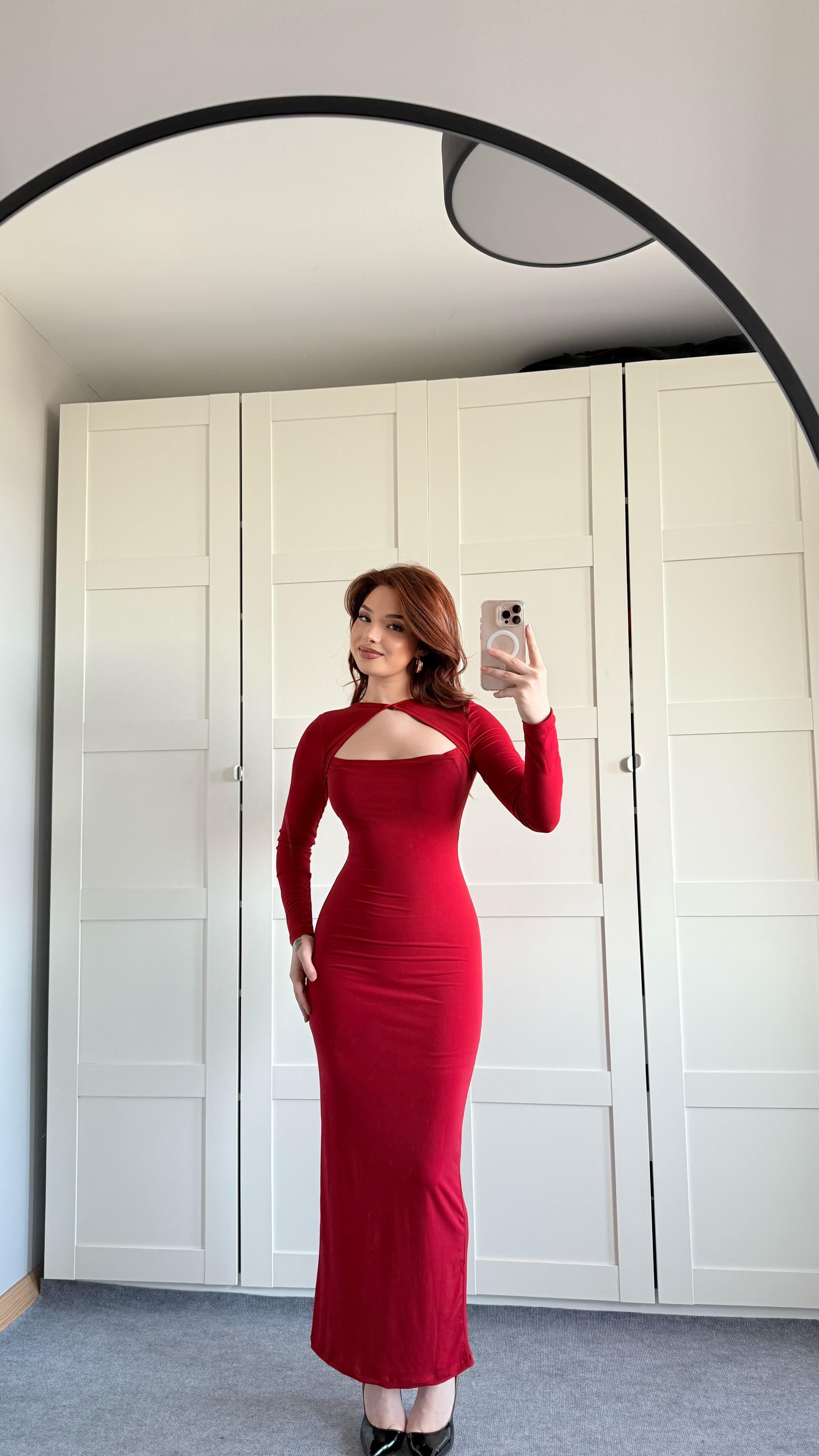 Fashion Trend Uzun Kare Yaka Elbise Kırmızı
