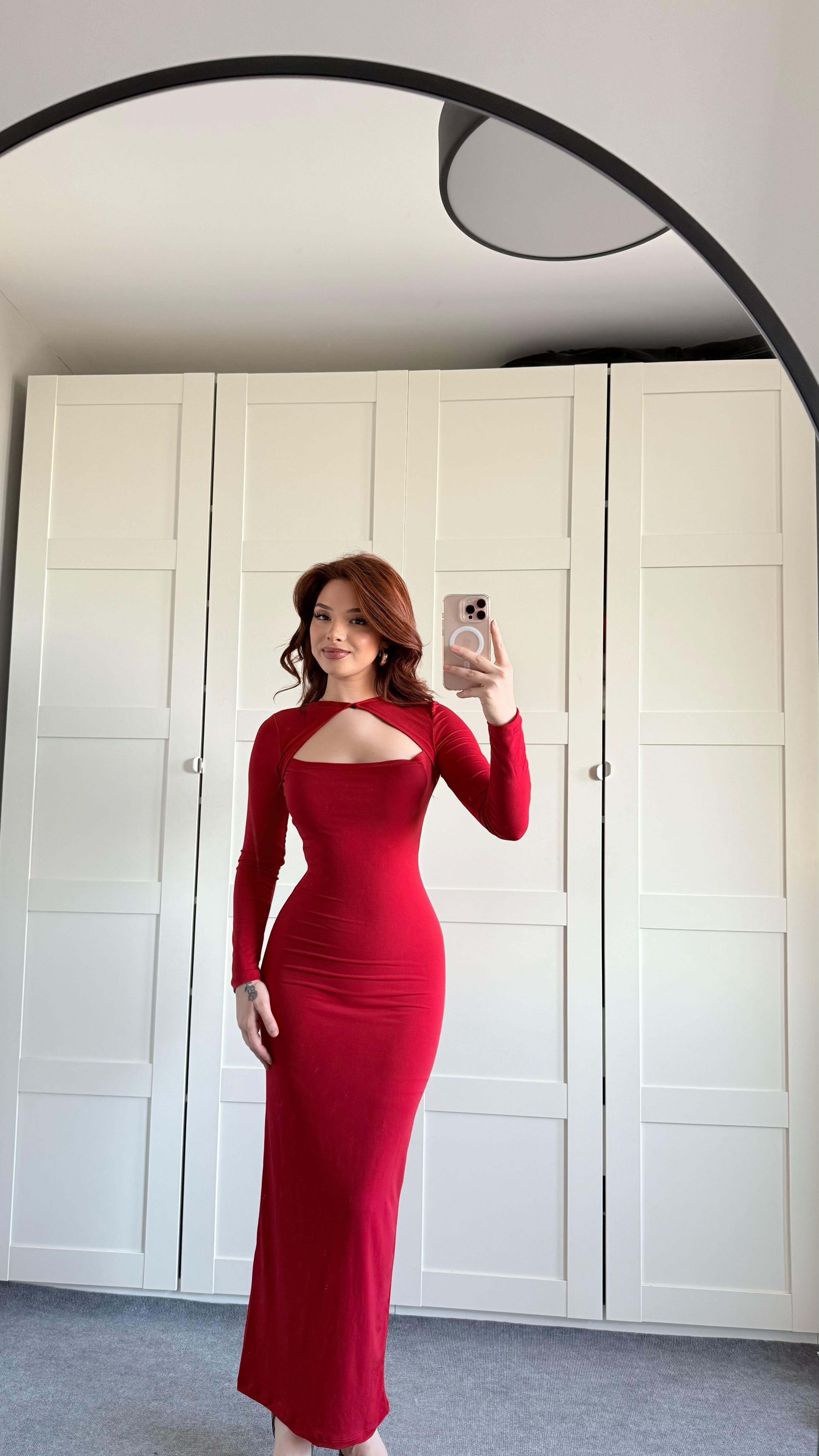 Fashion Trend Uzun Kare Yaka Elbise Kırmızı