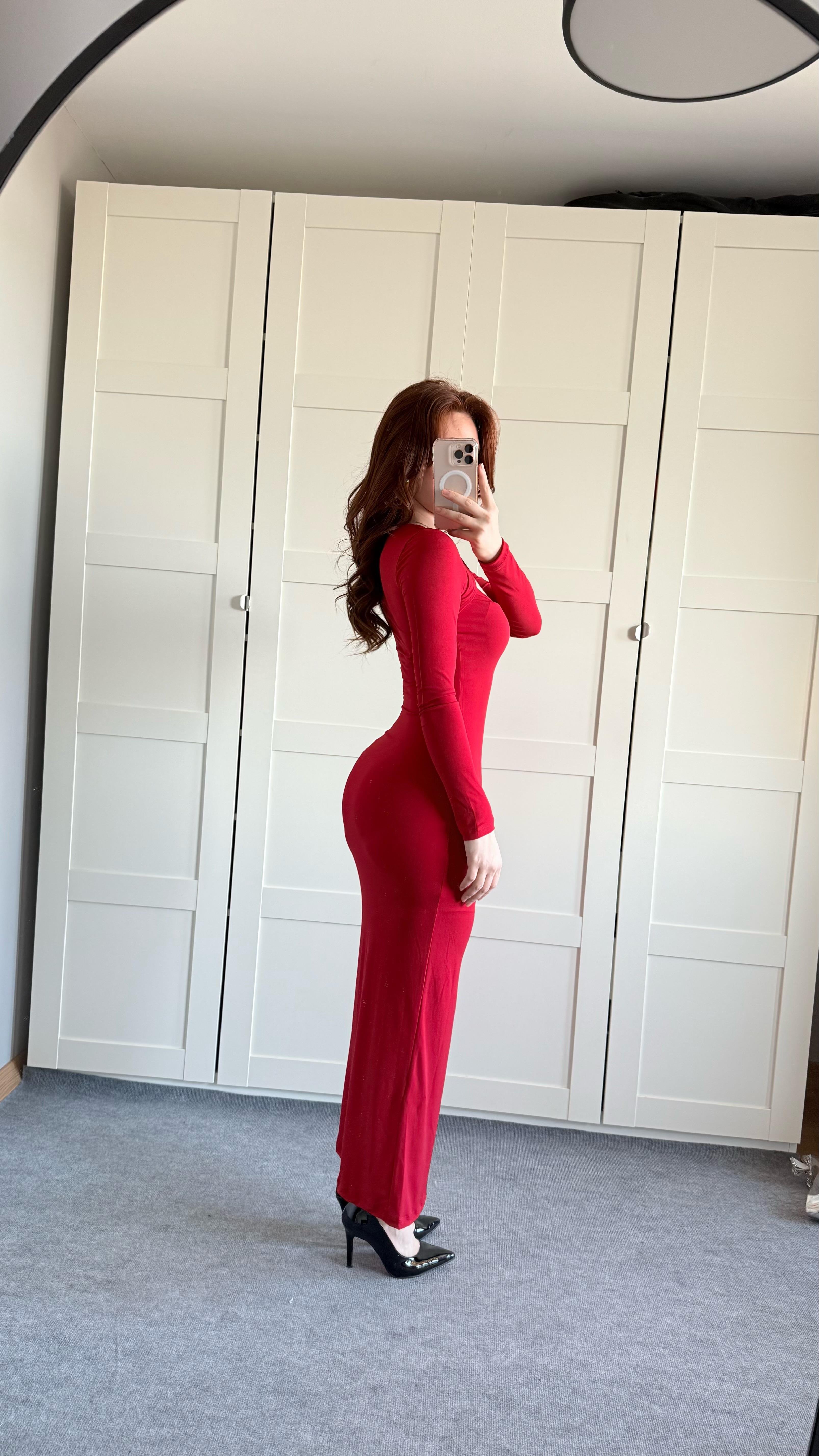Fashion Trend Uzun Kare Yaka Elbise Kırmızı