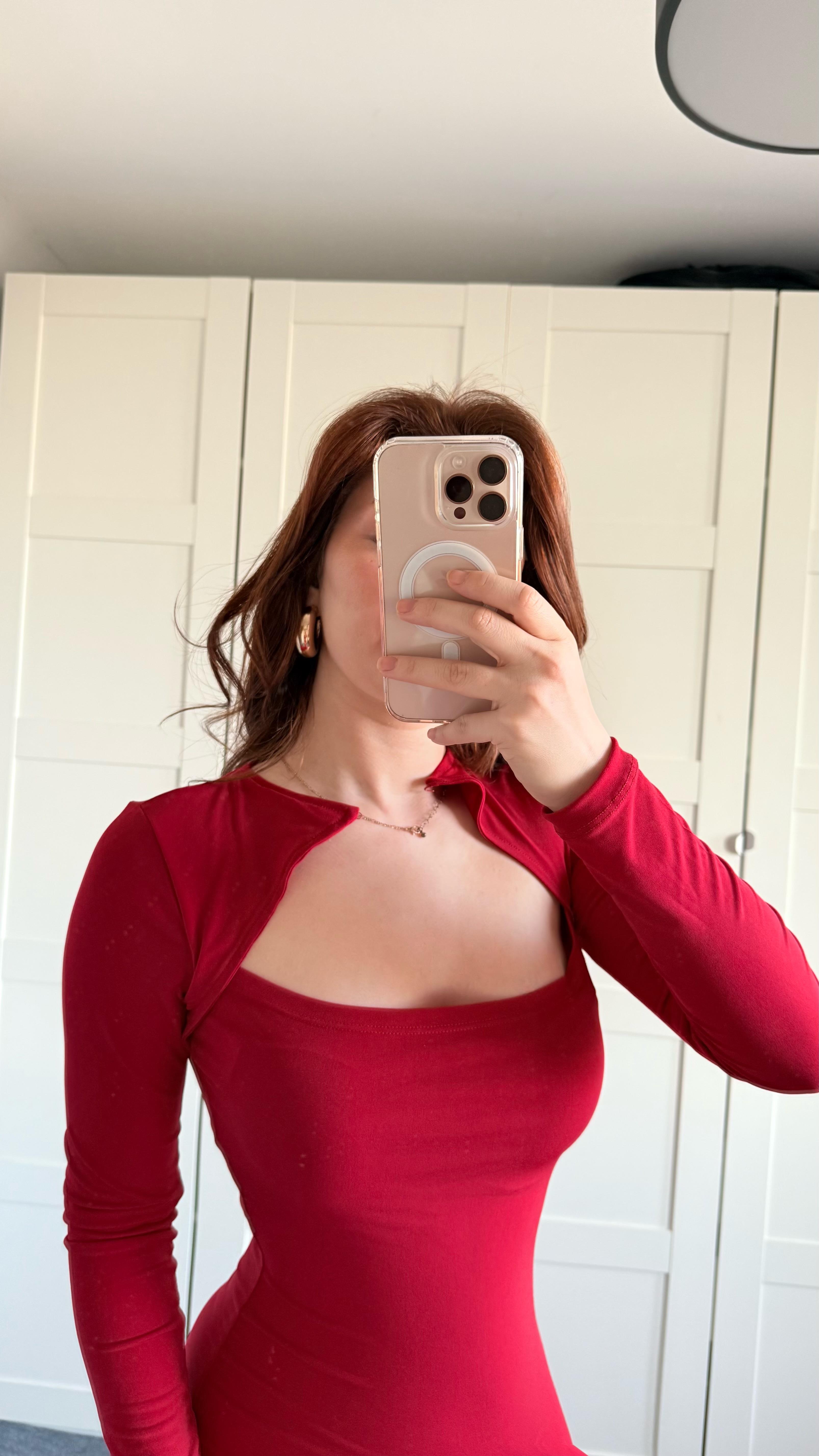 Fashion Trend Uzun Kare Yaka Elbise Kırmızı