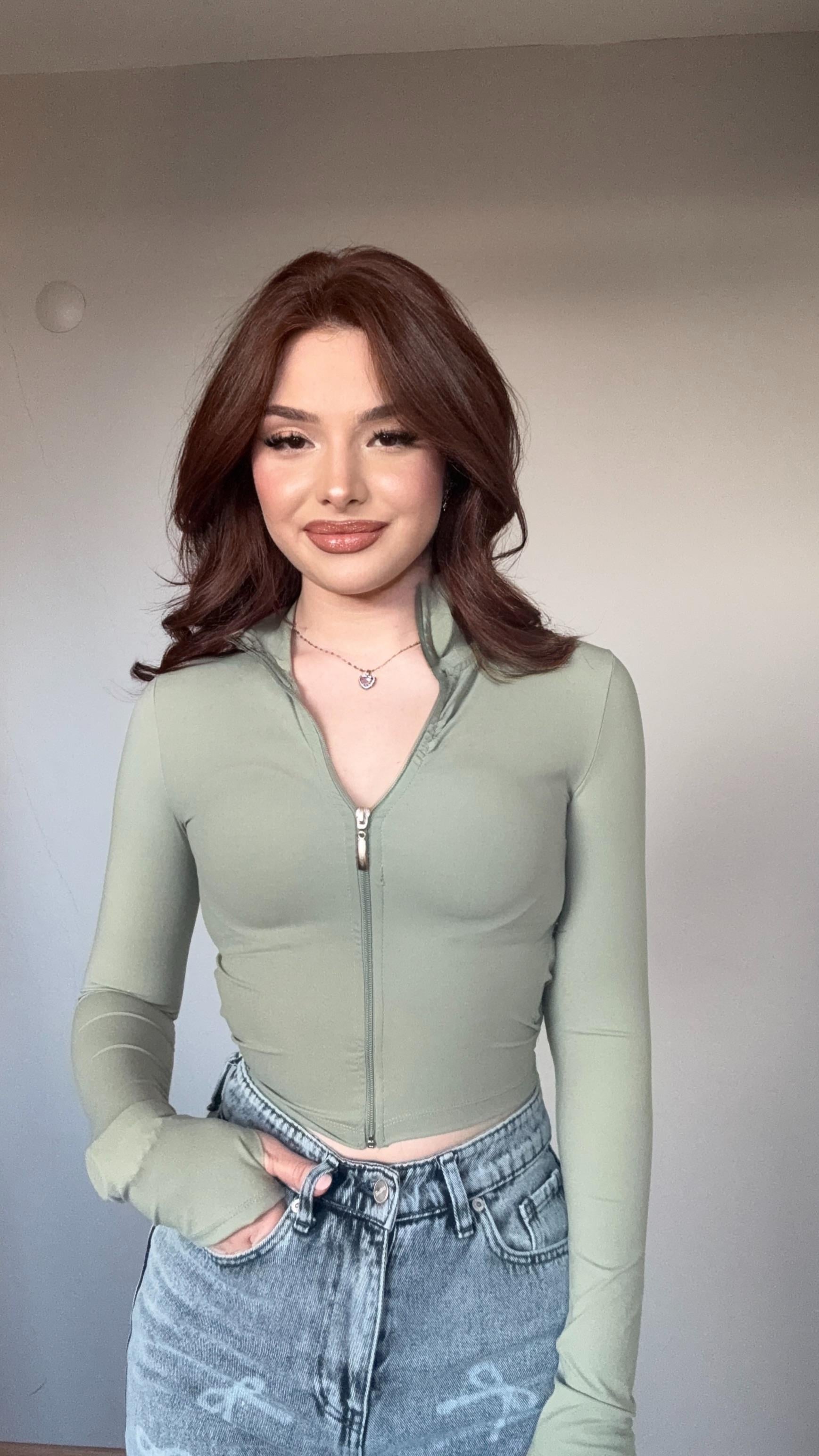Fermuarlı Parmak Geçirmeli Crop Mint Yeşili
