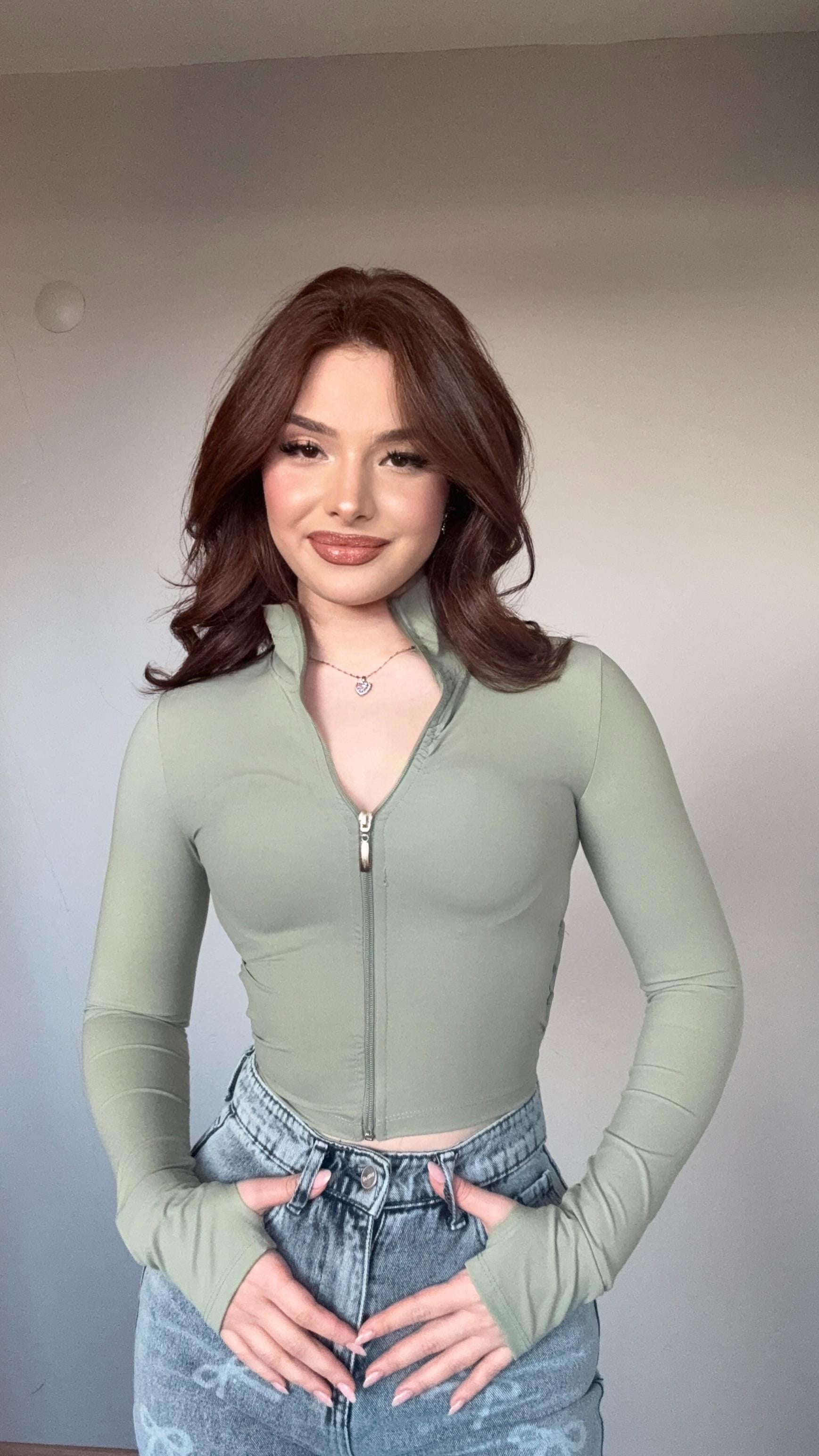 Fermuarlı Parmak Geçirmeli Crop Mint Yeşili